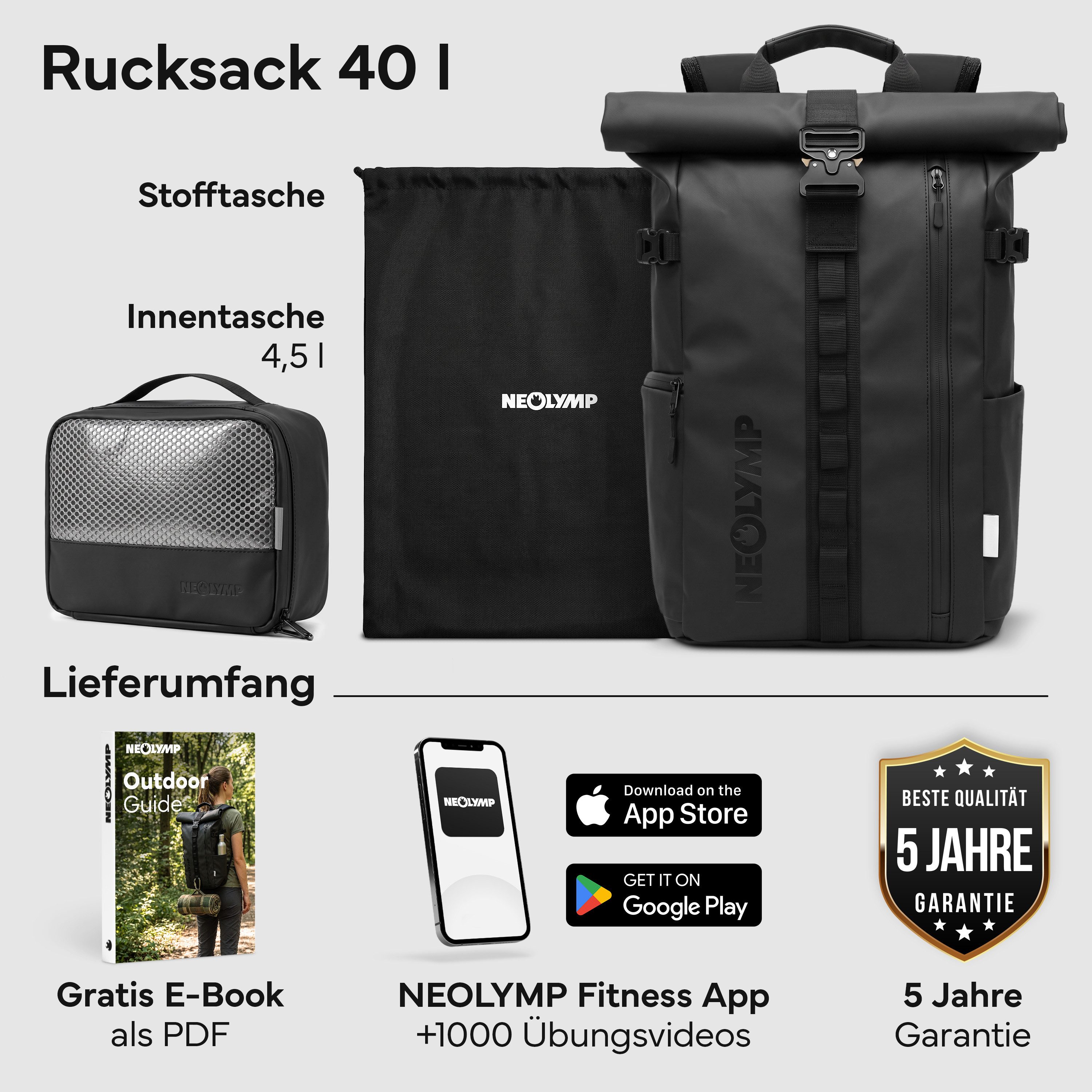 NEOLYMP Rucksack Wasserdichter Rolltop Backpack, Laptopfach, Wet Case & Rückenzugriff, Reiserucksack Herren & Damen flexibel erweiterbar - Sportrucksack
