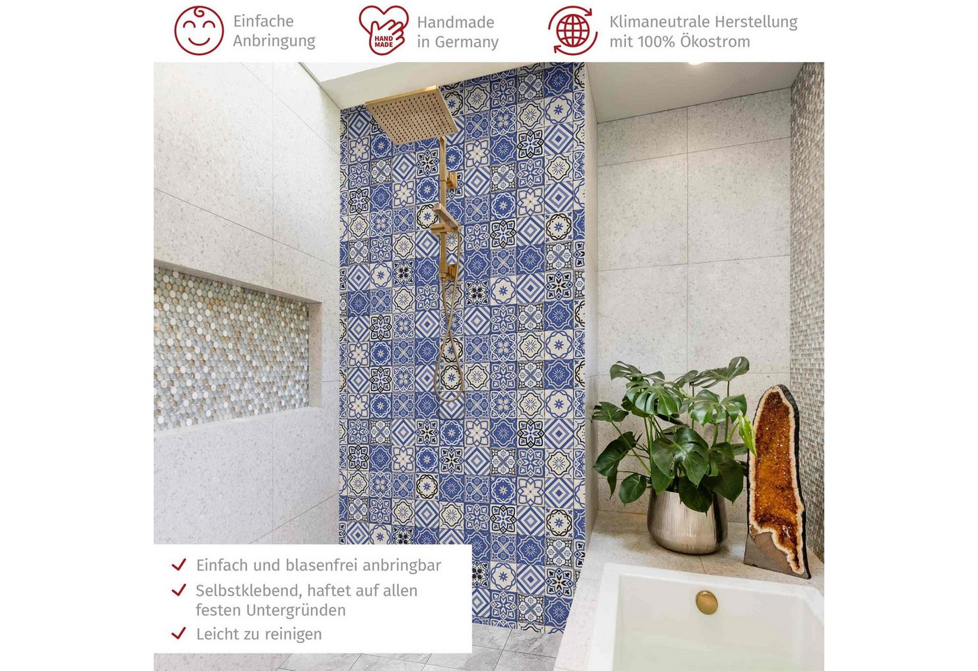 Thumbnail - Bilderdepot24 Badrückwand Fliesenoptik blau Duschrückwand ohne Bohren Dusche, (1-tlg., Hart-Folie Premium matt 0,61 mm),...