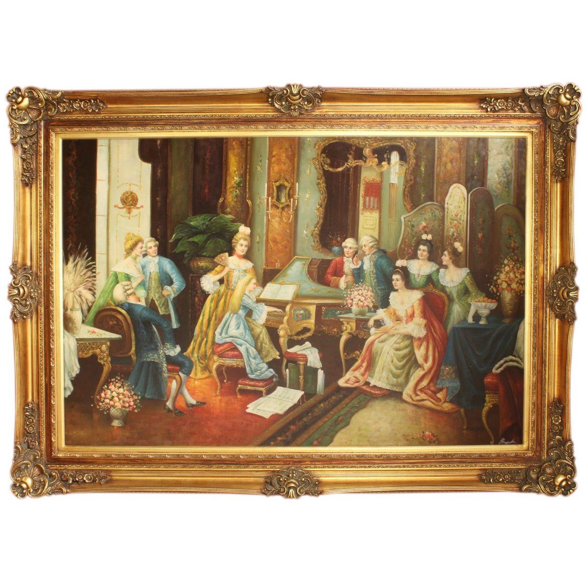 Casa Padrino Ölgemälde Riesiges Handgemaltes Barock Öl Gemälde Gesellschaft Gold Prunk Rahmen 225 x 165 x 10 cm - Massives Material