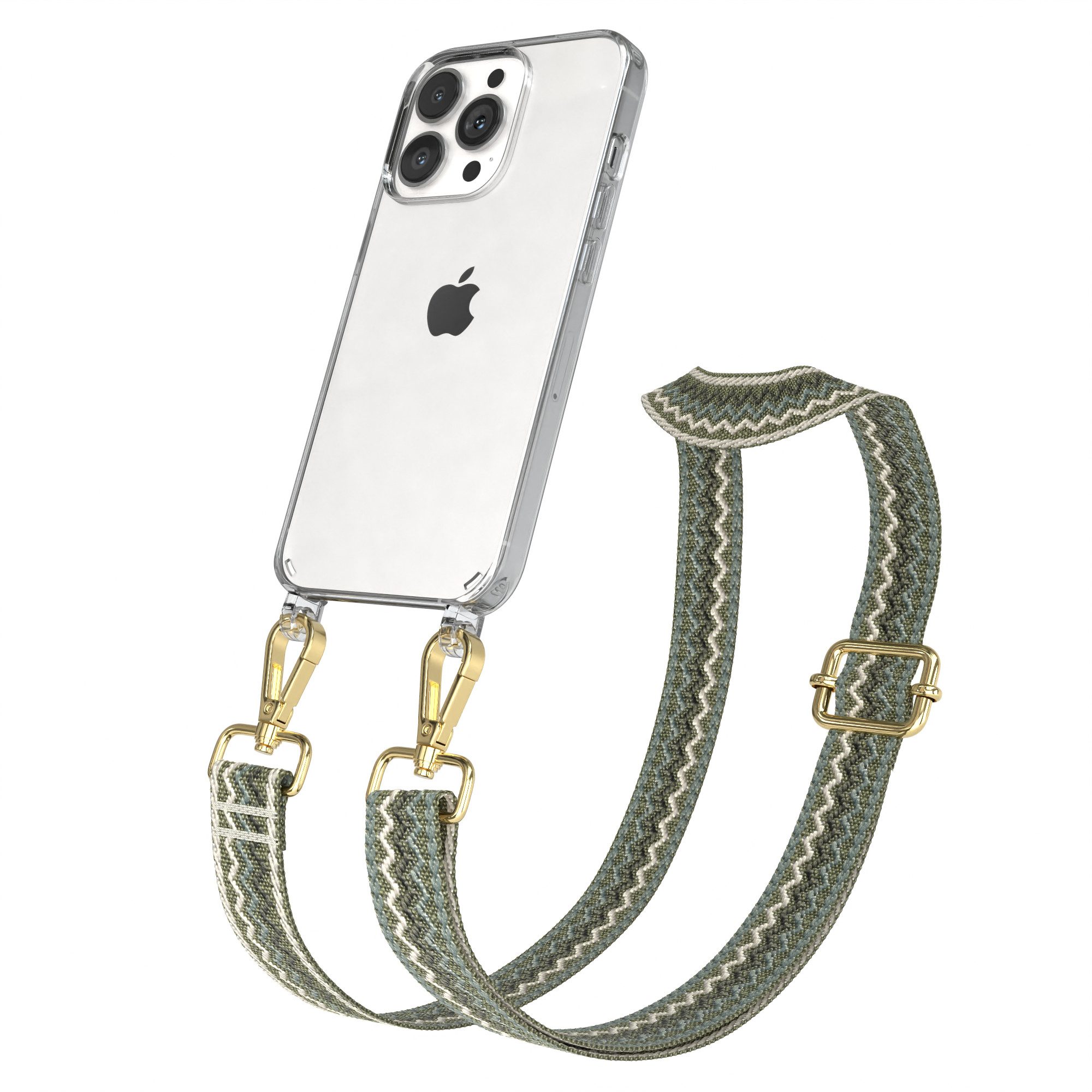 EAZY CASE Handykette Boho Umhängeband für Apple iPhone 13 Pro 6,1 Zoll, Verstellbarer Trageriemen Wave Case transparent DIY Gürteltasche Grün
