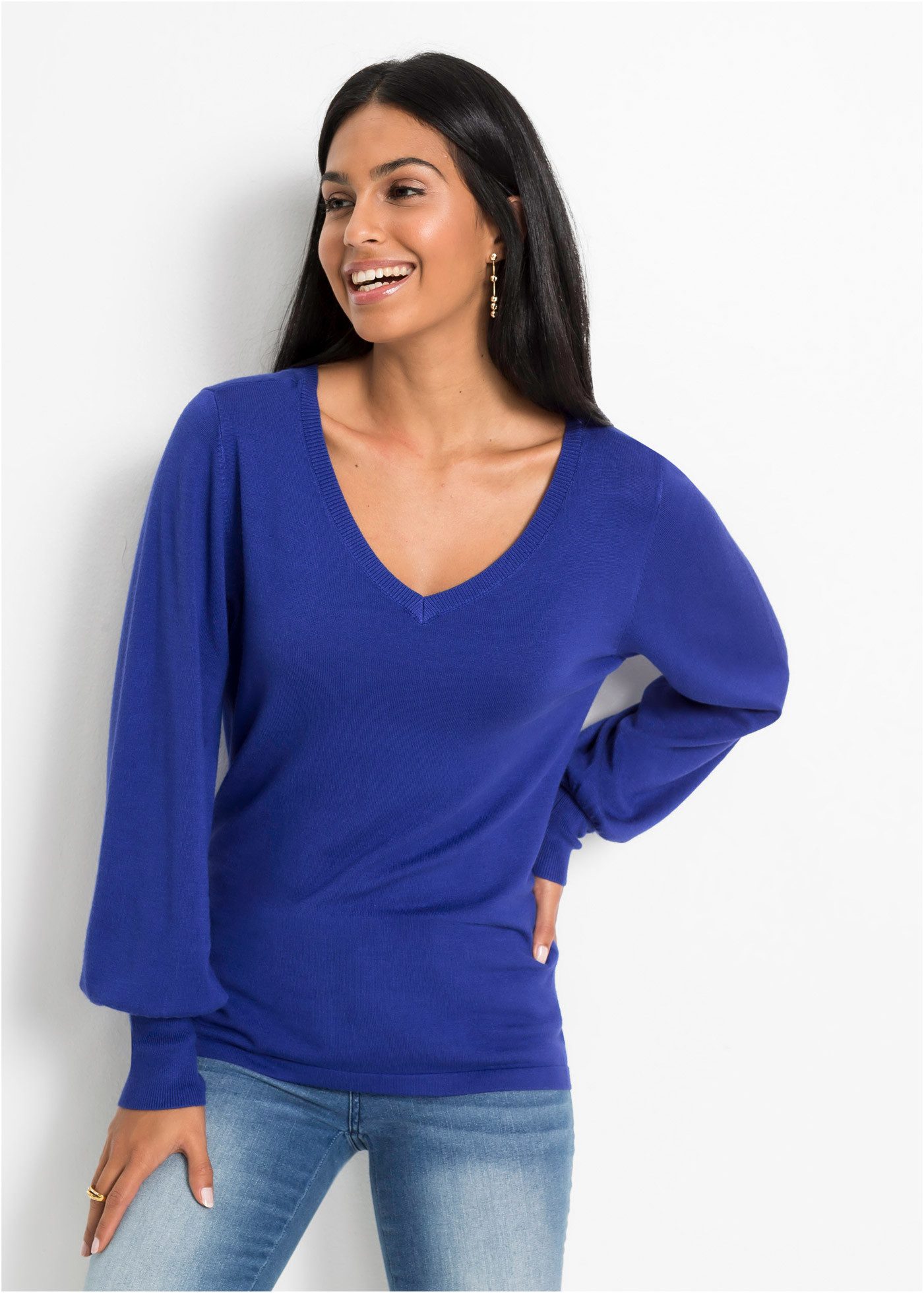 bonprix Strickpullover Viskosemischung, Ballonärmel, V-Ausschnitt günstig online kaufen
