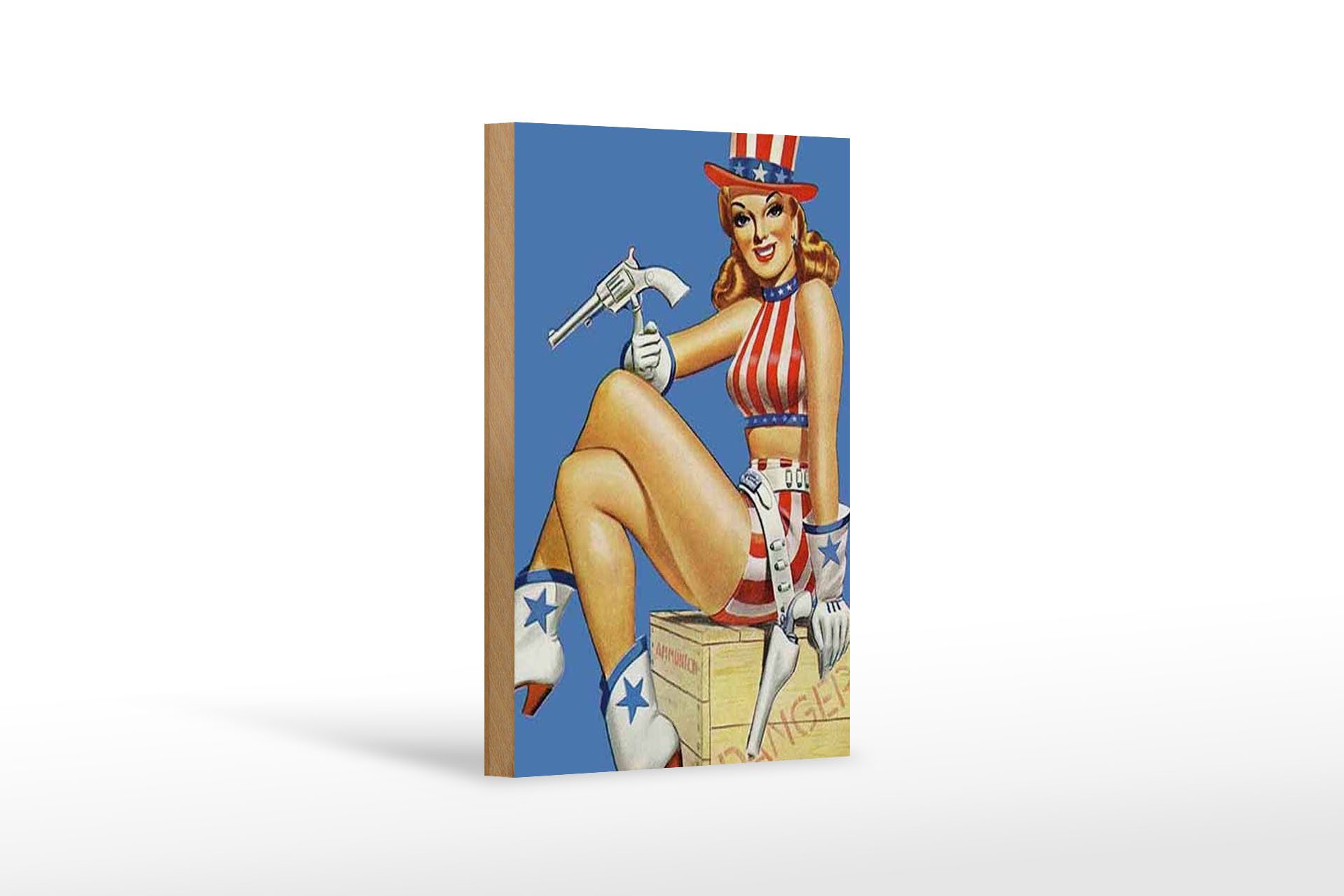 Femer GmbH Holzbild Pin Up 12x18 cm danger Cowgirl USA Pistole, Waffen (1 St), Glatte Holzfaserplatte (MDF), vorn beschichtet