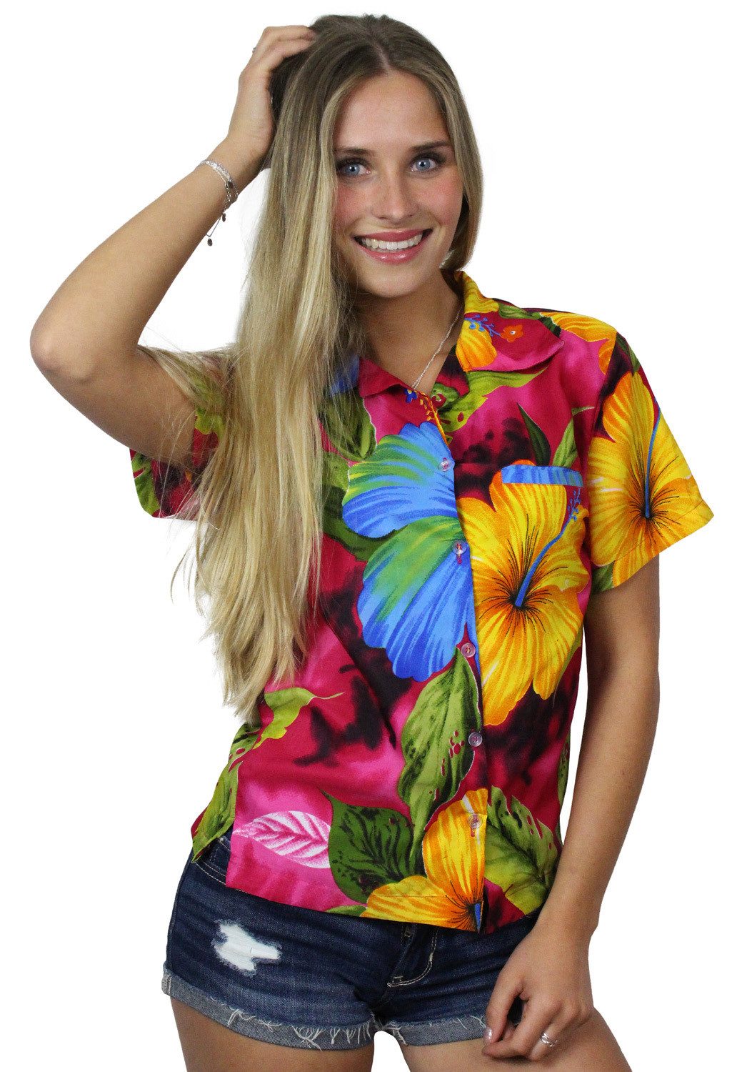 King Kameha Hawaiihemd Big Flower Funky Hawaiibluse Damen Kurzarm Front-Tasche Stylish