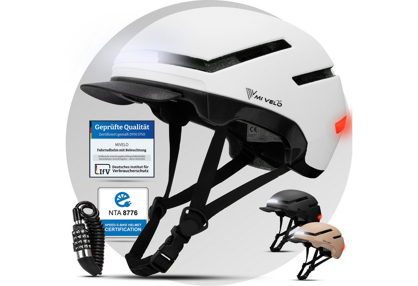 MIVELO Fahrradhelm NOVA - für Herren und Damen mit Licht vorne & hinten, NTA zertifiziert, 360° Beleuchtung, 24 Monate Crash-Ersatz-Garantie