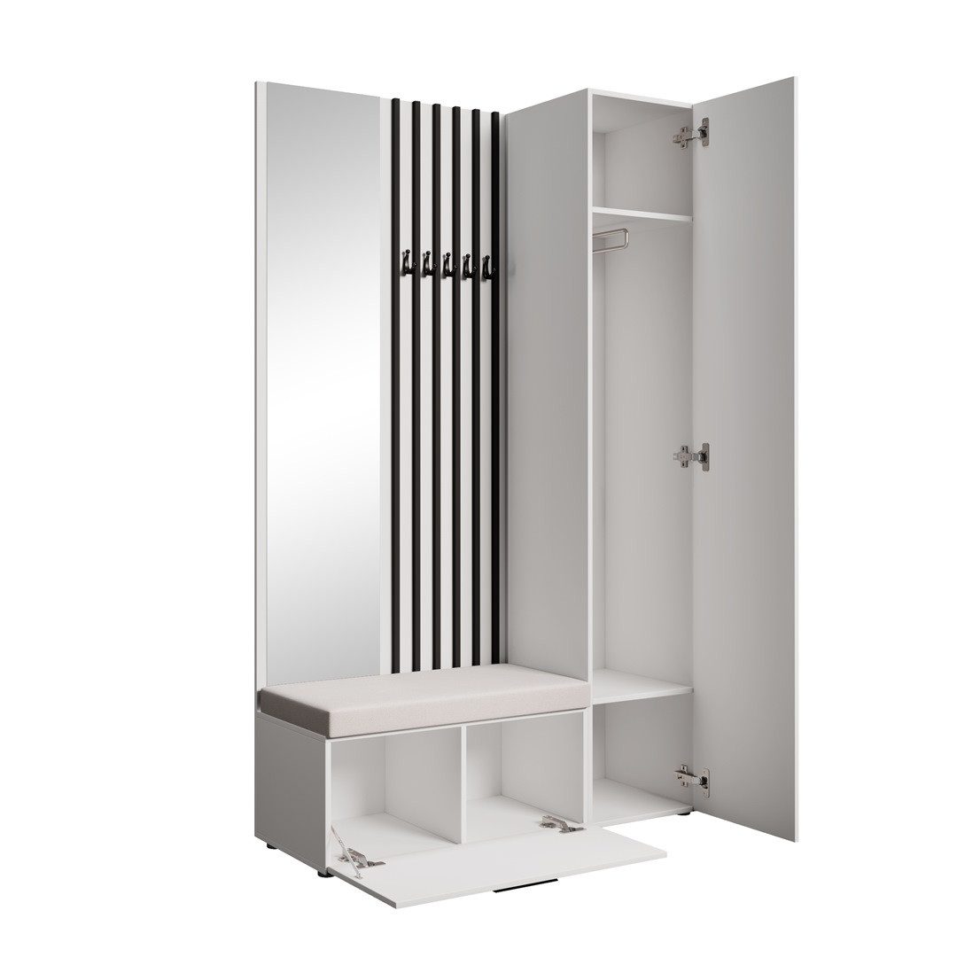 Beautysofa Garderoben-Set MARGARET Flurgarderobe mit Spiegel, (Kleiderschrank, Schuhschrank, Sitzbank, Kleiderstange, Flurmöbel-Set mit Lamellen), verschiedene  – Bild 3 von 5