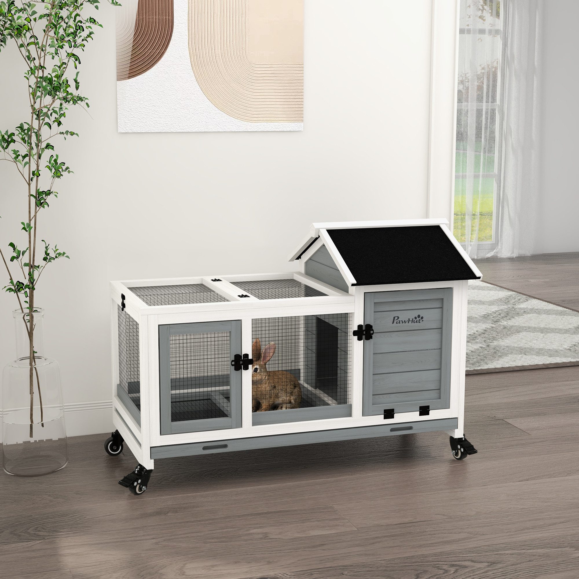 PawHut Kleintierstall Zwergkaninchenstall mit Freilaufgehege, Räder, Zwergkaninchenkäfig, mit Ausziehbarem Tablett für Indoor, Outdoor, Grau