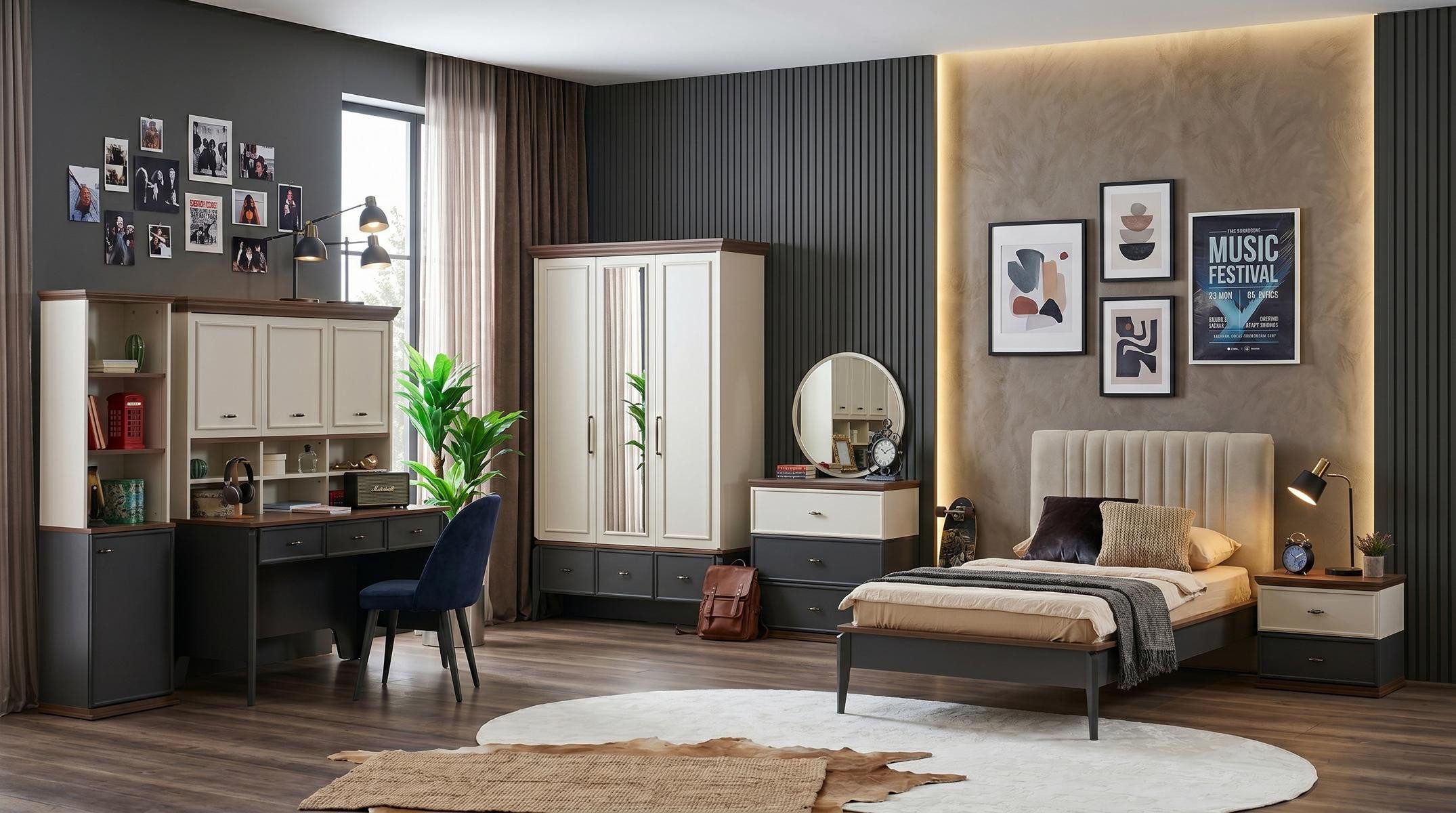 JVmoebel Kleiderschrank Schwarz-beiges Jugendzimmer Bett Kleiderschrank Kommode Schreibtisch