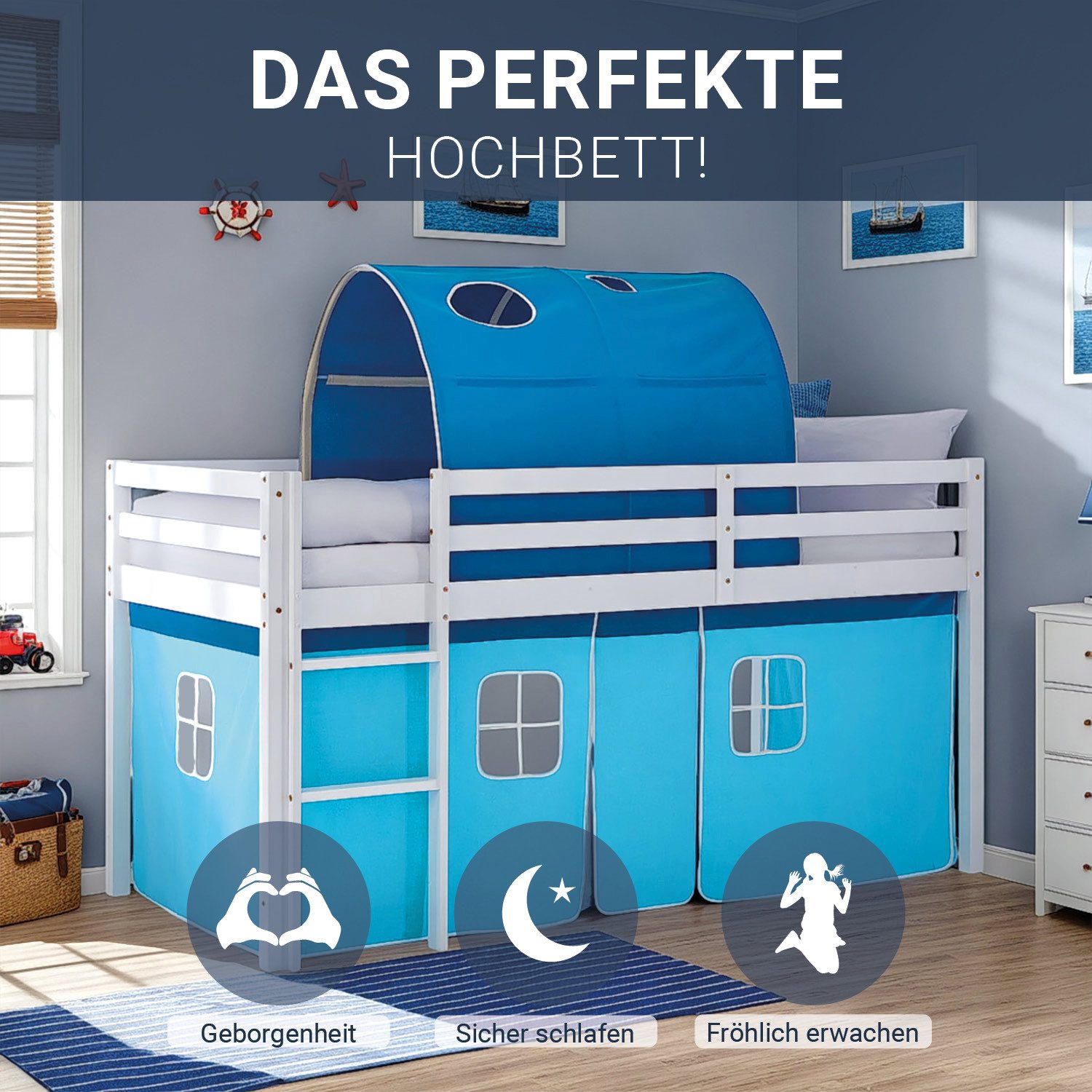 Homestyle4u Hochbett 90x200 Vorhang Kinderbett Holz Weiß Blau Kinder Leiter günstig online kaufen