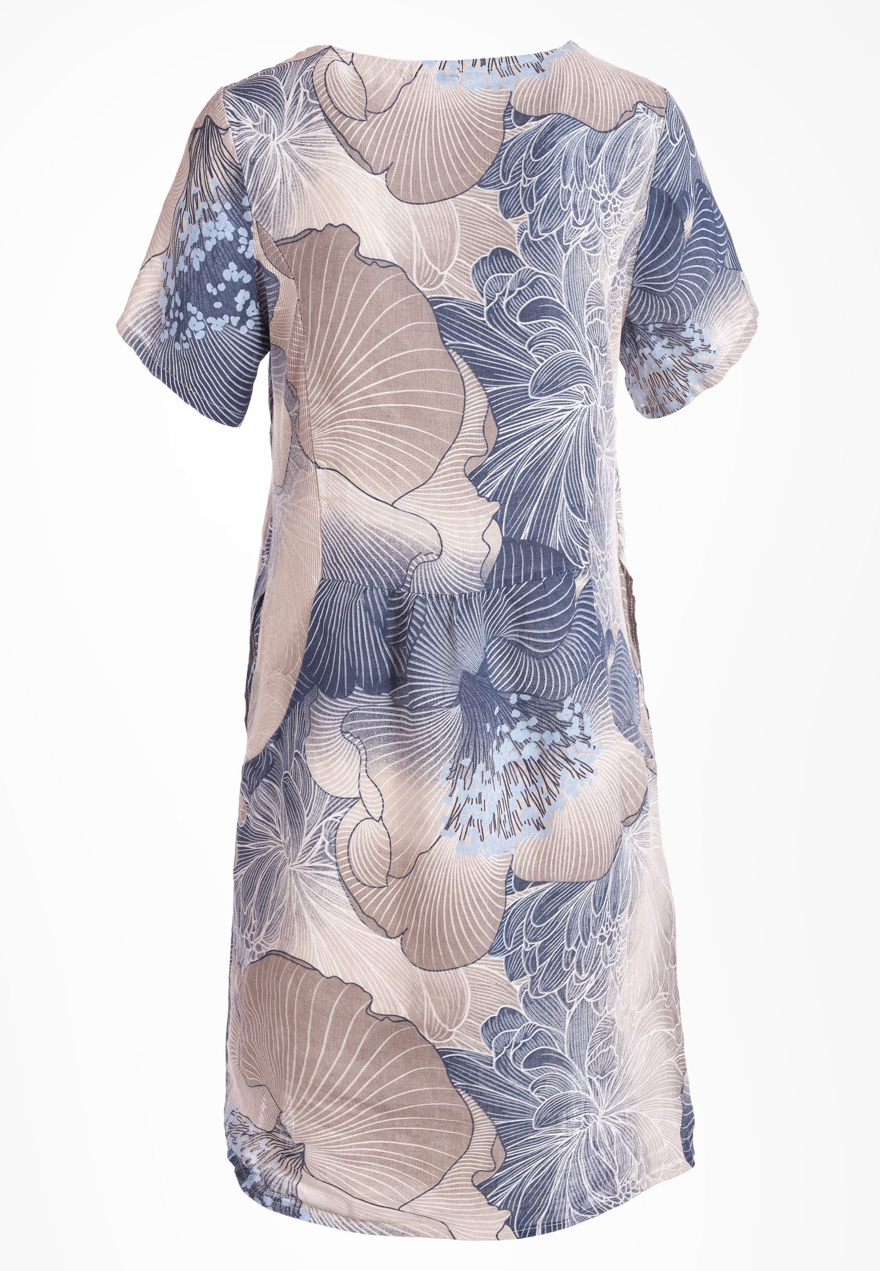 PEKIVESSA Sommerkleid Leinenkleid knielang mit kurzen Ärmeln Leinenstoff mit Blumenmuster