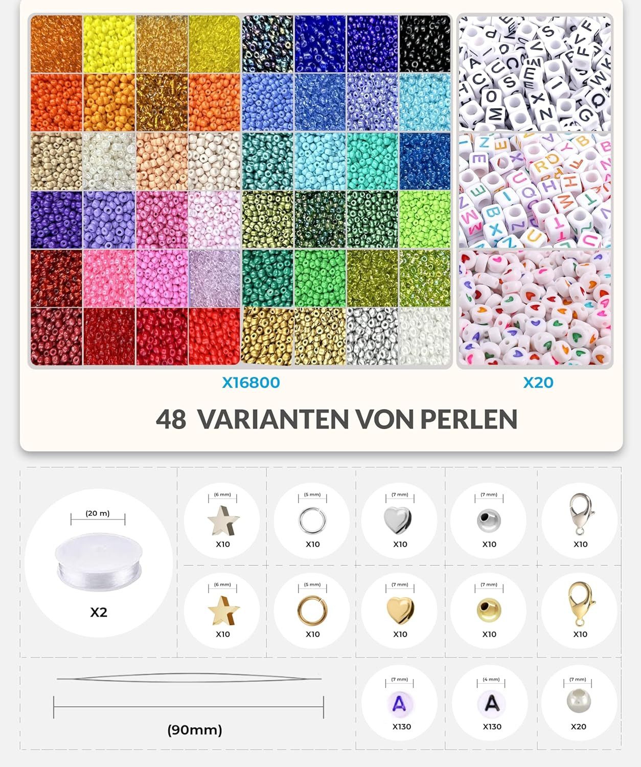 Montegoni Bastelperlen 17180 Stück 3mm Perlen für Armbänder, (Armbänder selber machen Perlensets für Mädchen), DIY perlen zum auffädeln Glasperlen zum auffädeln