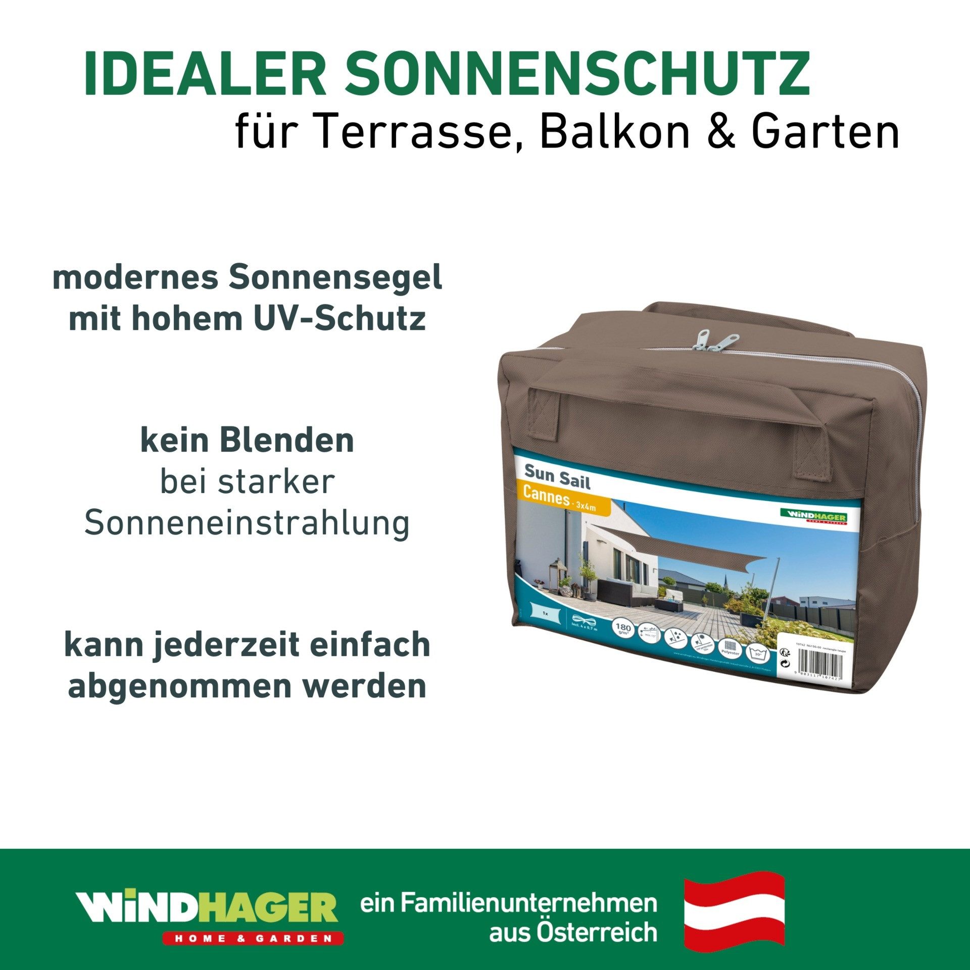 Windhager Sonnensegel Cannes Rechteck, 3x4m, taupe