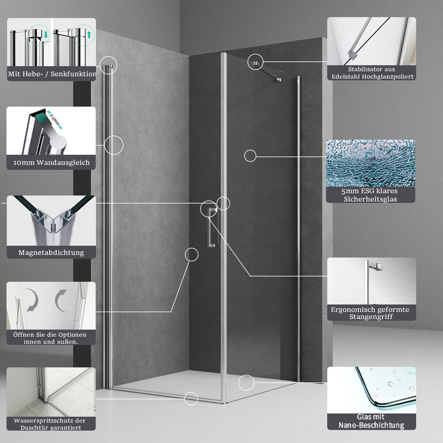 Boromal Eckdusche Duschkabine Eckeinstieg Pendeltür Drehtür mit seitenwand NANO H:195cm, BxT: 80x80 cm, 5mm Sicherheitsglas, Duschtür Schwingtür, mit Alu-Bodenleiste, variabler Verstellber Aluprofil, Magnetdichtleisten