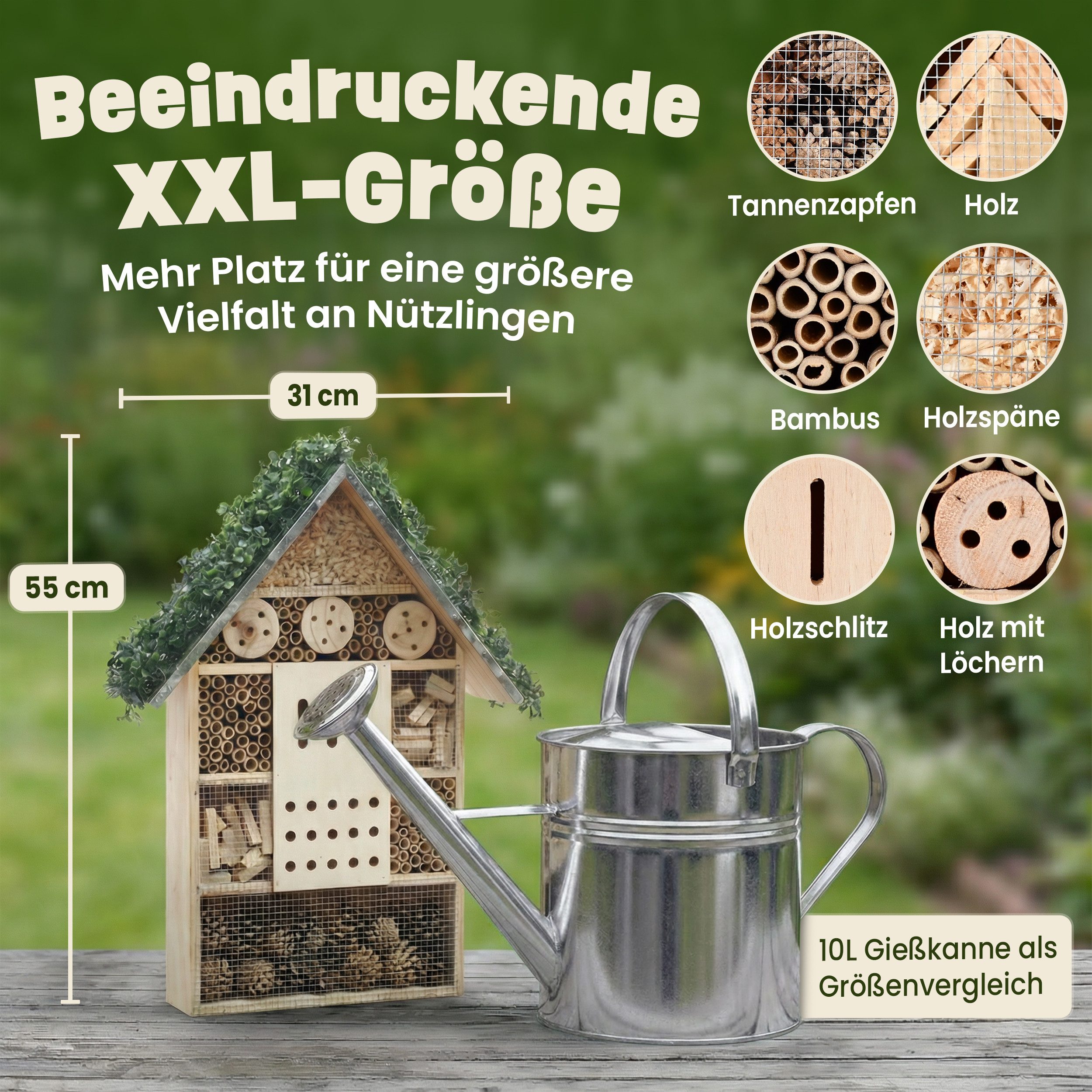 Zooprinz Insektenhotel Insektenhaus zum Aufhängen XXL Vollholz 55x31 cm, Kiefernholz, Bambus, Tannenzapfen, mit Dekoration und Aufhängung