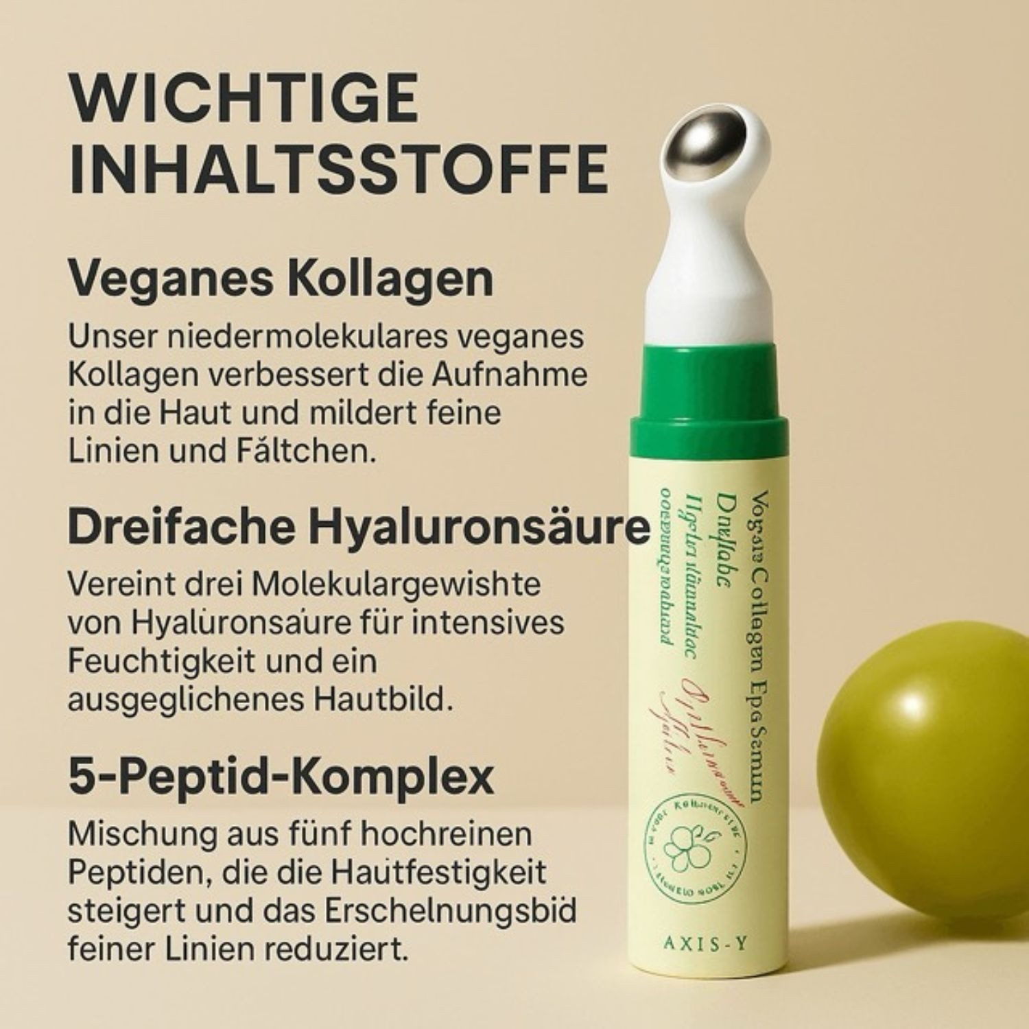 AXIS-Y Gesichtsserum Vegan Collagen Eye Serum 10ml – Veganes Augenserum für empfindliche Haut, strafft sichtbar, mildert Schwellungen & Augenringe, 5-Peptid-Komplex, Hyaluronsäure