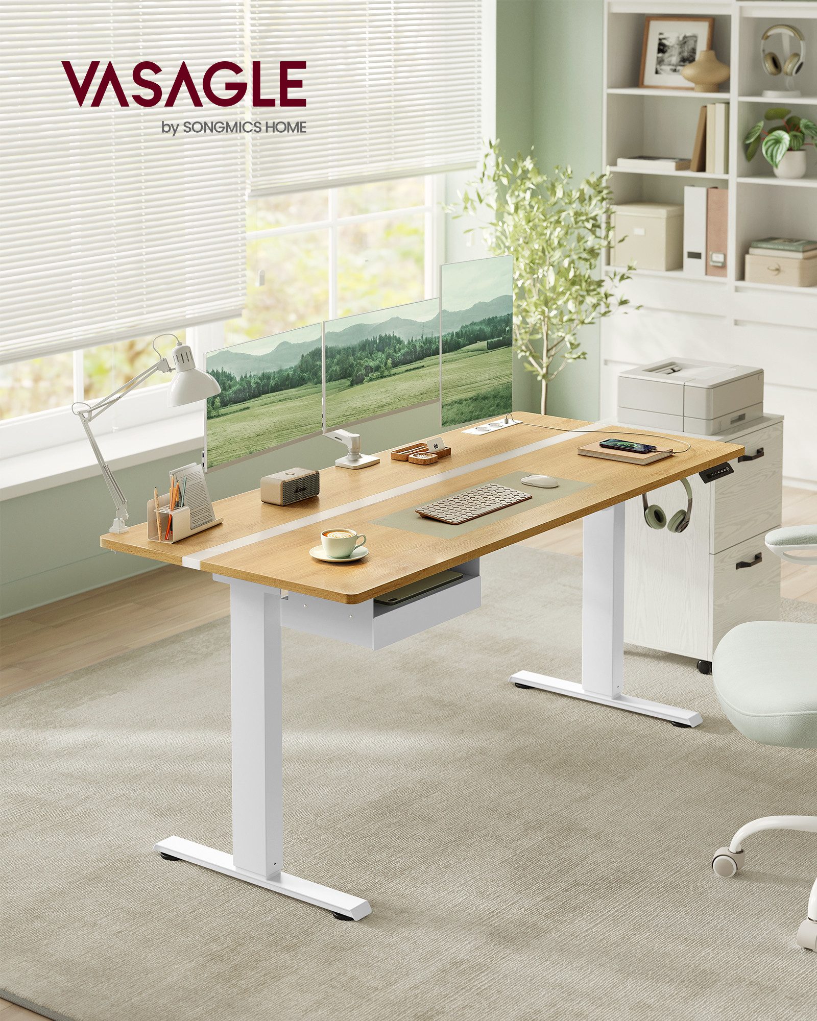 VASAGLE Schreibtisch höhenverstellbar, elektrisch, mit Steckdosen und Stoff günstig online kaufen