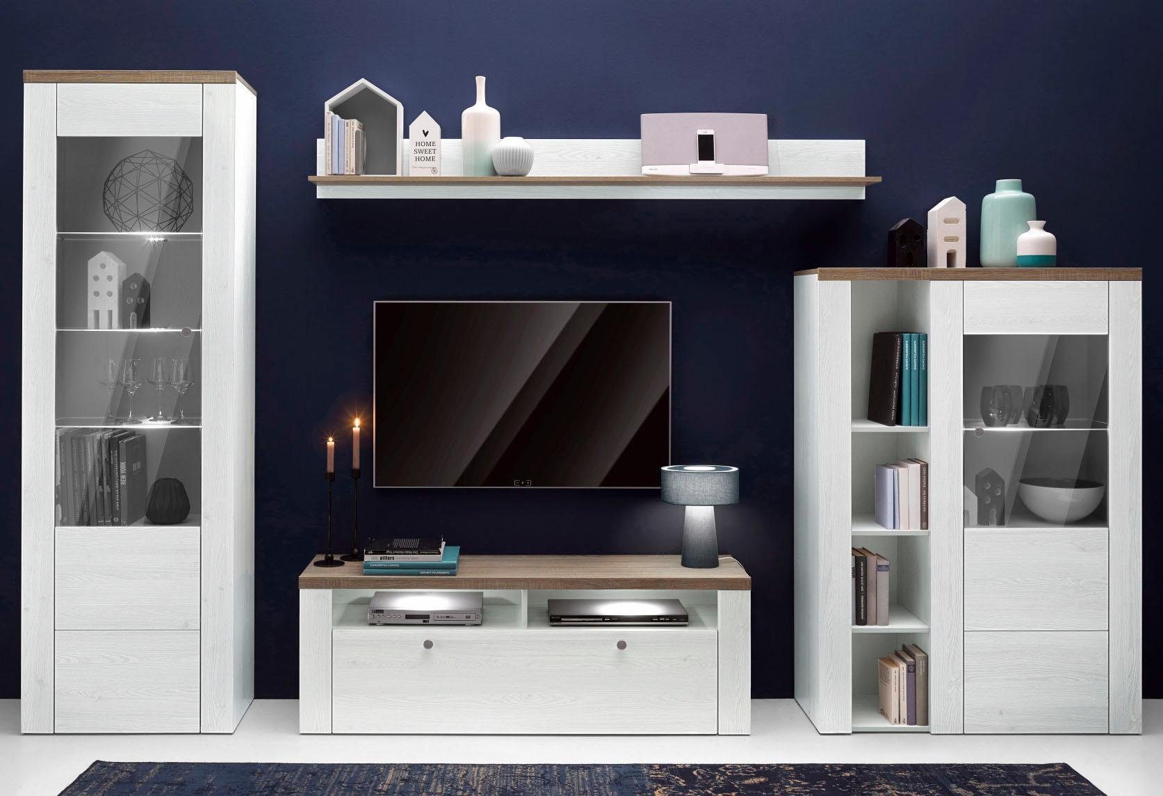 Home affaire Wohnwand Larona, Anbauwand, Set 4 Teilig, (Set, 4-St), bestehend aus 1 TV-Board, 1 Highboard, 1 Vitrine, 1 Wandregal