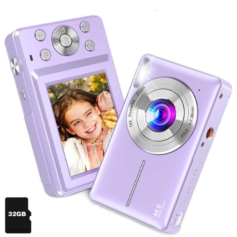 AKKEE Digitalkamera 1080P 44MP Kompaktkamera mit 32G Karte 16X Digitalzoom Kompaktkamera (44 MP, Anti-Shake, Serienaufnahmen, Timer-Aufnahme, Gesichtserkennung)