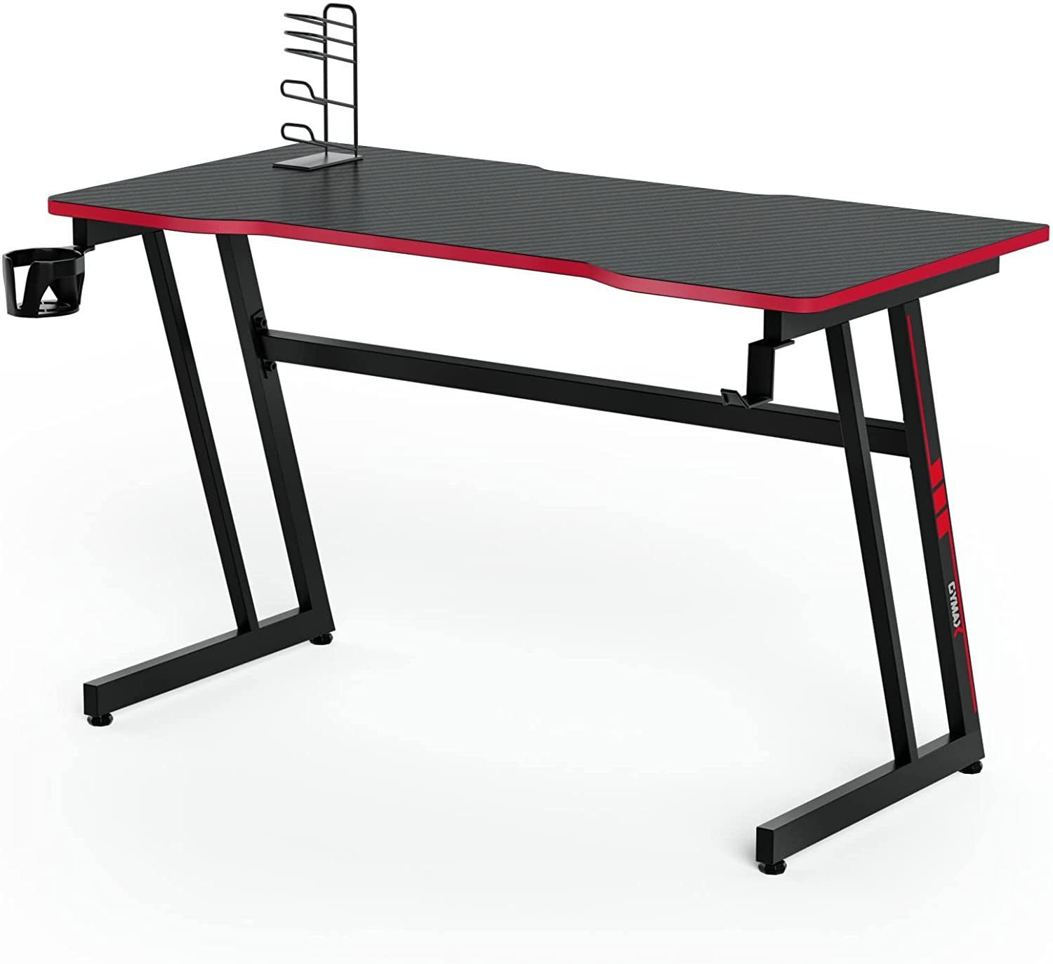 COSTWAY Gamingtisch 120cm, Z-förmig, Rot Gamepad-Halterung Getränkehalter, mit