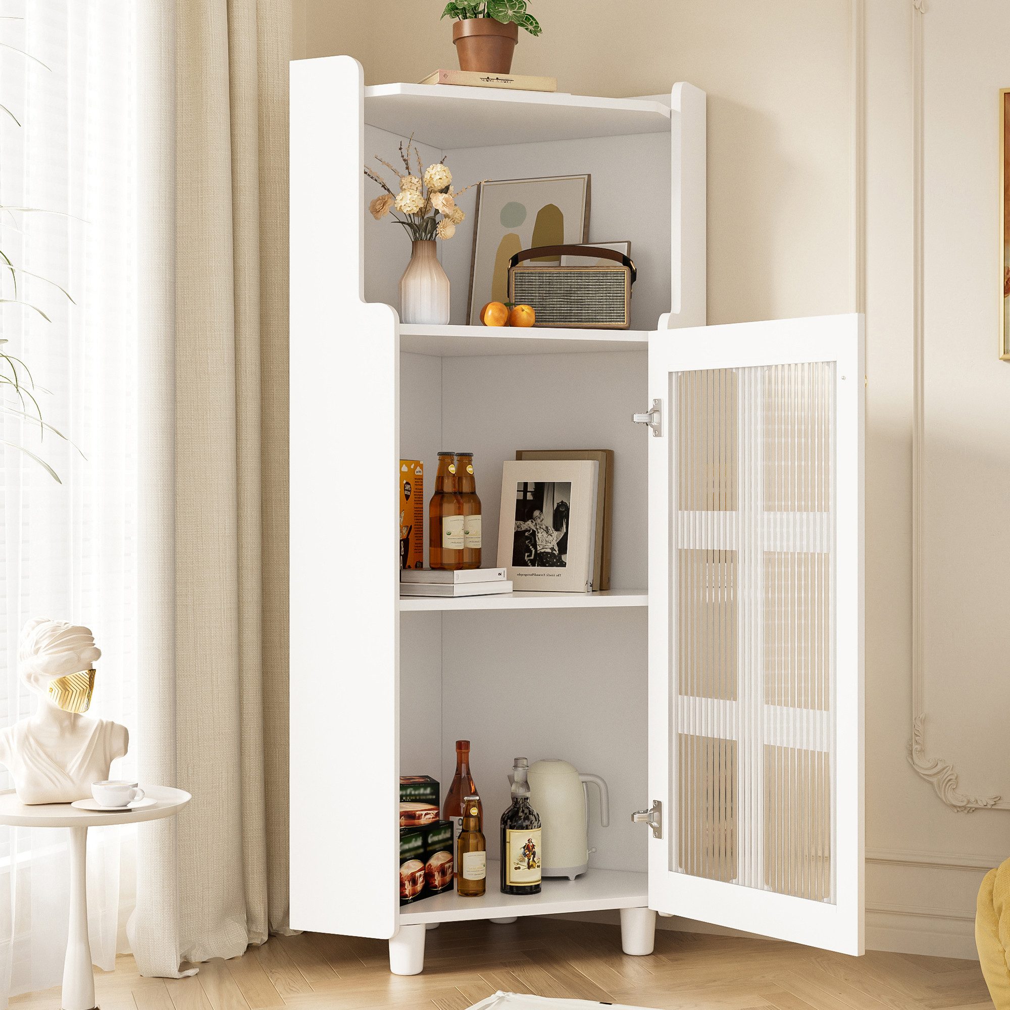 ibettertec Eckkommode Schwarzer Eck-Schrank mit Lackoberfläche & LED-Beleuchtung (Set), Moderner Eck-Kommode mit App-Steuerung