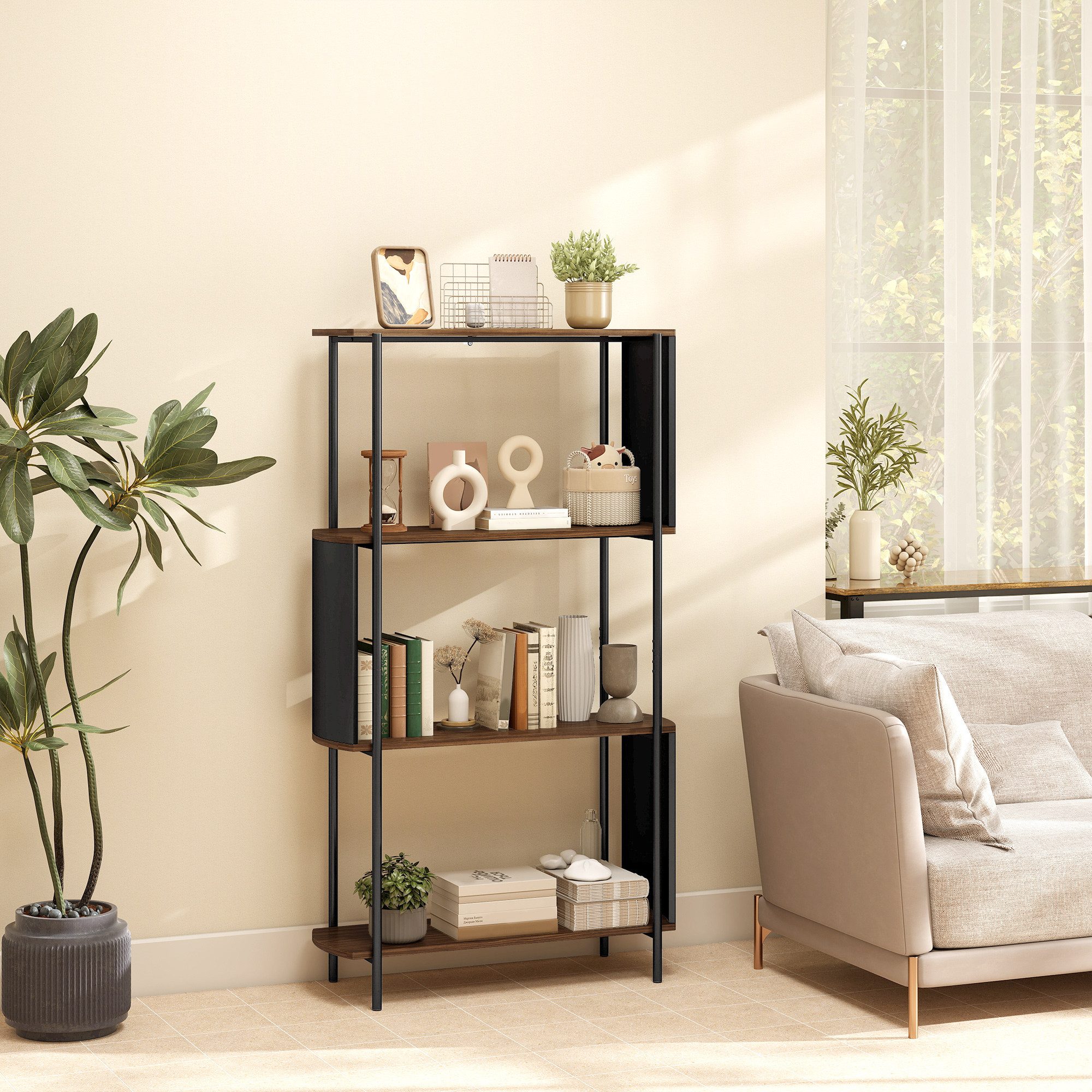 HOMCOM Standregal Schmales Regal, 4 Ebenen, geschwungenes Design, Büroregal, Bücherregal 1-tlg., für Wohnzimmer, Arbeitszimmer, Büro, braune Holzoptik