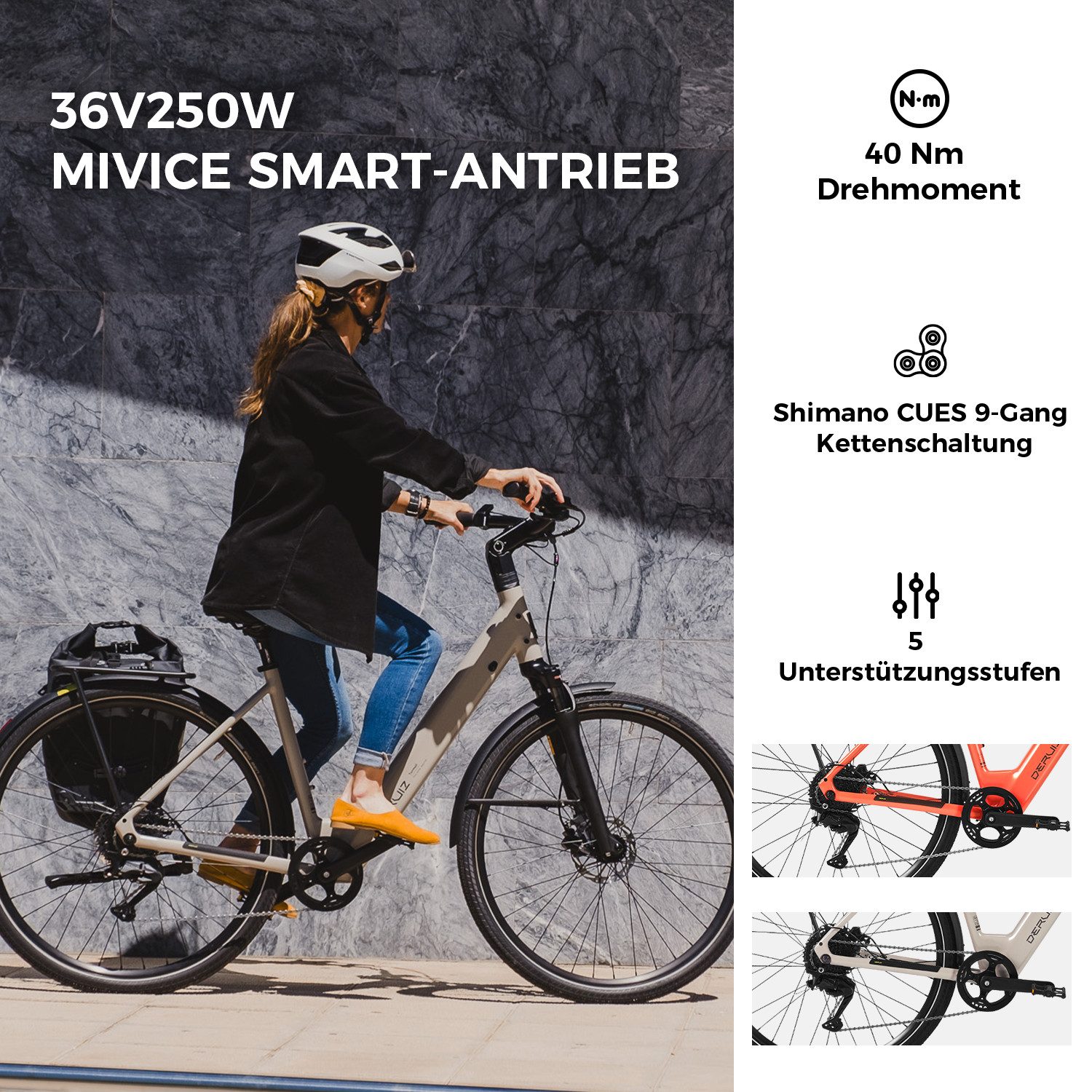 DERUIZ E-Bike Cityrad Turmali Comfort 28 Zoll, 48,5 cm, SHIMANO CUES 11–36T, 9 Gang SHIMANO, Kettenschaltung, Heckmotor, 360 Wh, (Traglast ca. 140kg, RH: 48,5cm, Tiefeinsteiger, für Damen und Herren), Hydraulikbremsen, Big Apple Reifen, App-Navigation, 5 Stufen