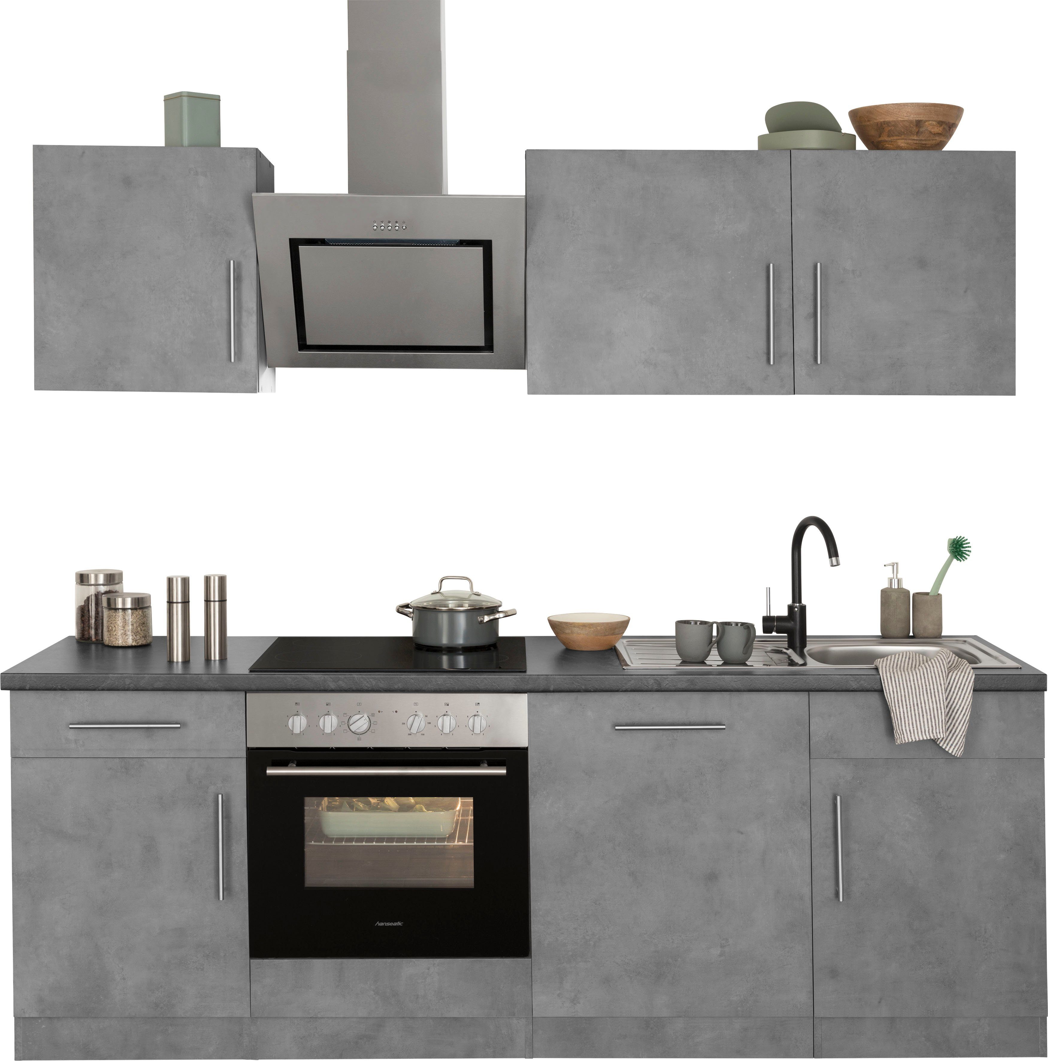 wiho Küchen Küchenzeile Cali, mit E-Geräten, Breite 220 cm mit Hanseatic E-Geräten Front: Betonfarben, Arbeitsplatte: Granit Schwarz | Betonfarben