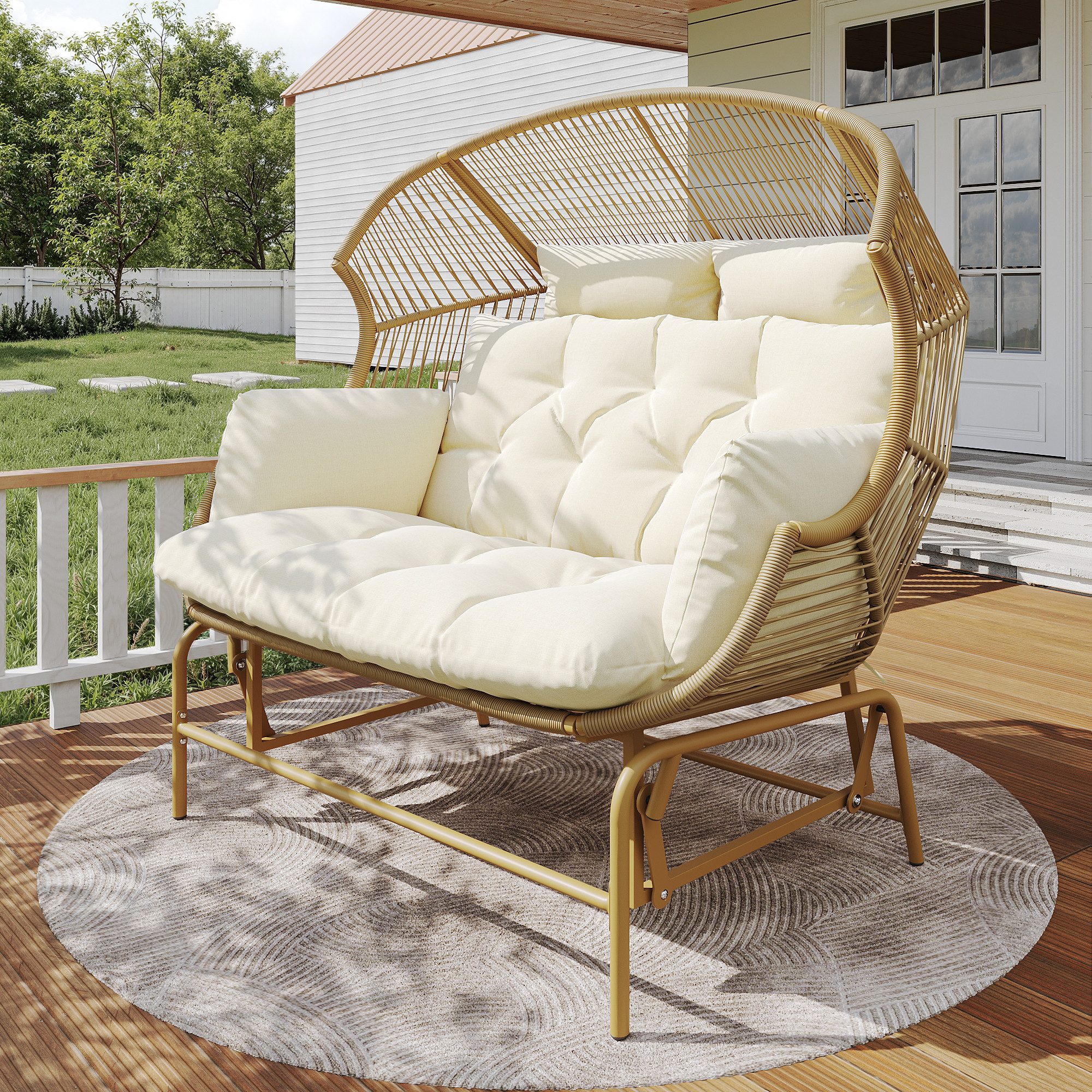Merax Hollywoodschaukel, 2-Sitzer, Schlaffunktion, Gartenschaukel Rattan Hängesessel Outdoor Schwingsessel Doppelschaukel