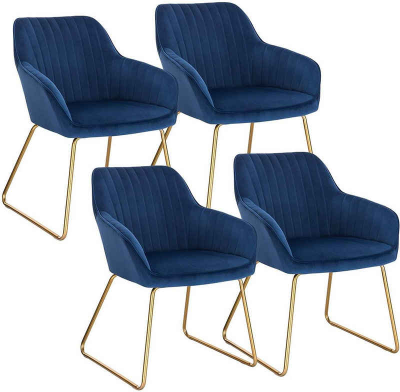 Woltu Polsterstuhl (Set, 4 St), Esszimmerstuhl Küchenstühle Wohnzimmerstuhl Design Stuhl, mit Armlehne Gestell aus Metall Gold Beine Sitzfläche aus Samt, Blau