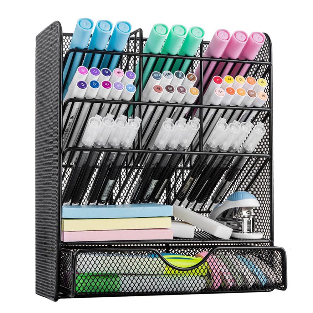BlingBin Organizer Schreibtisch Organizer für Bürobedarf, mit Schublade (Schubladen-Aufbewahrungsbox für Bürobedarf, Schreibtischaufsatz, 1 St., Multifunktionale Desktop Schreibwaren Stifthalterbox), 9 Fächer Stiftehalter, Stiftehalter Schreibtisch für Schule Heim Büro