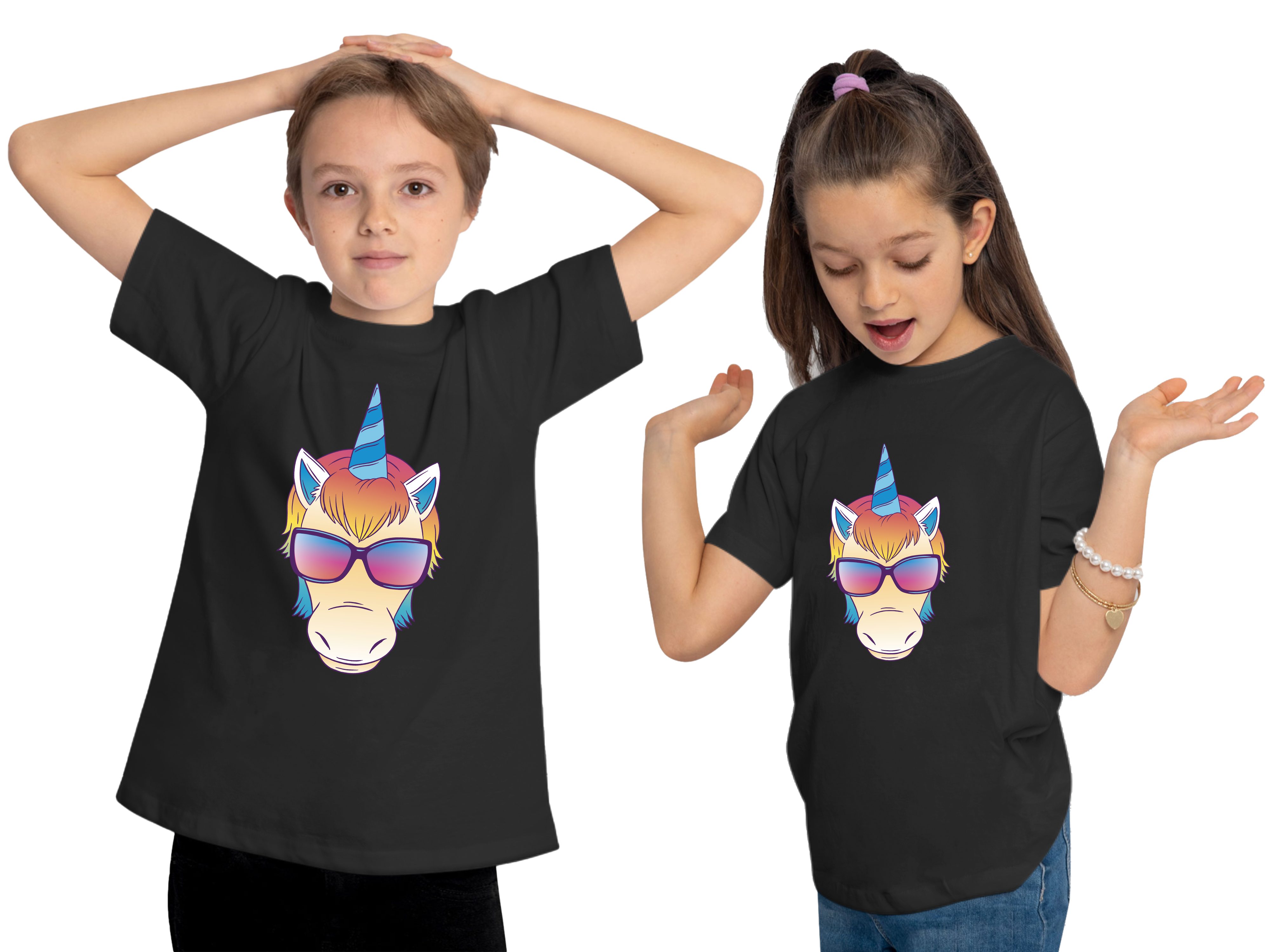 Baumwollshirt Einhorn i255 Aufdruck, Sonnenbrille Kopf Print mit bedruckt Shirt - Kinder mit schwarz MyDesign24 T-Shirt