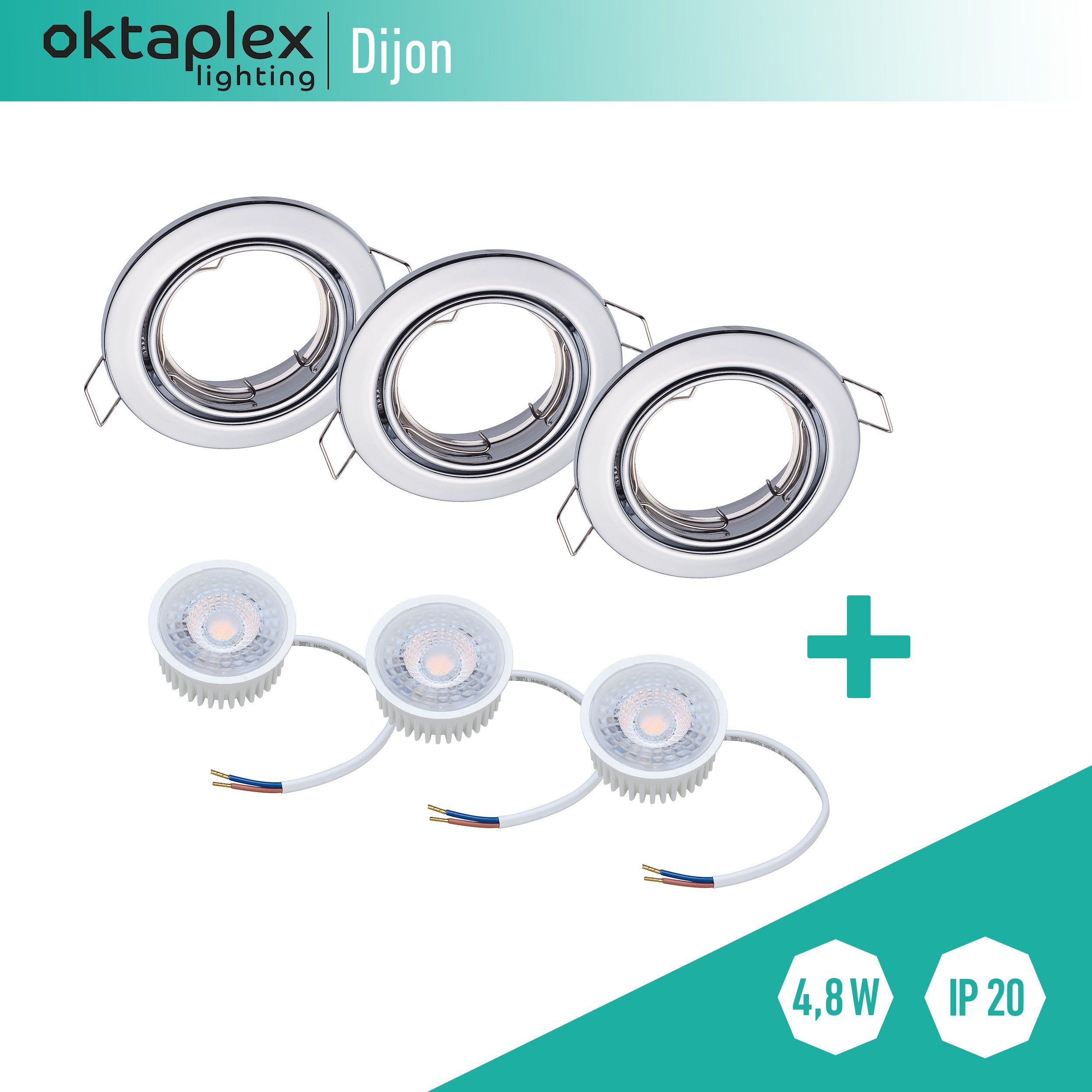 Deckenstrahler Oktaplex lighting 3 Einbaustrahler chromfarben Module 3000 Lumen, schwenkbar, LED 380 Stück LED wechselbar, Kelvin 4,8W flach inkl. LED 230V warmweiß, Leuchtmittel