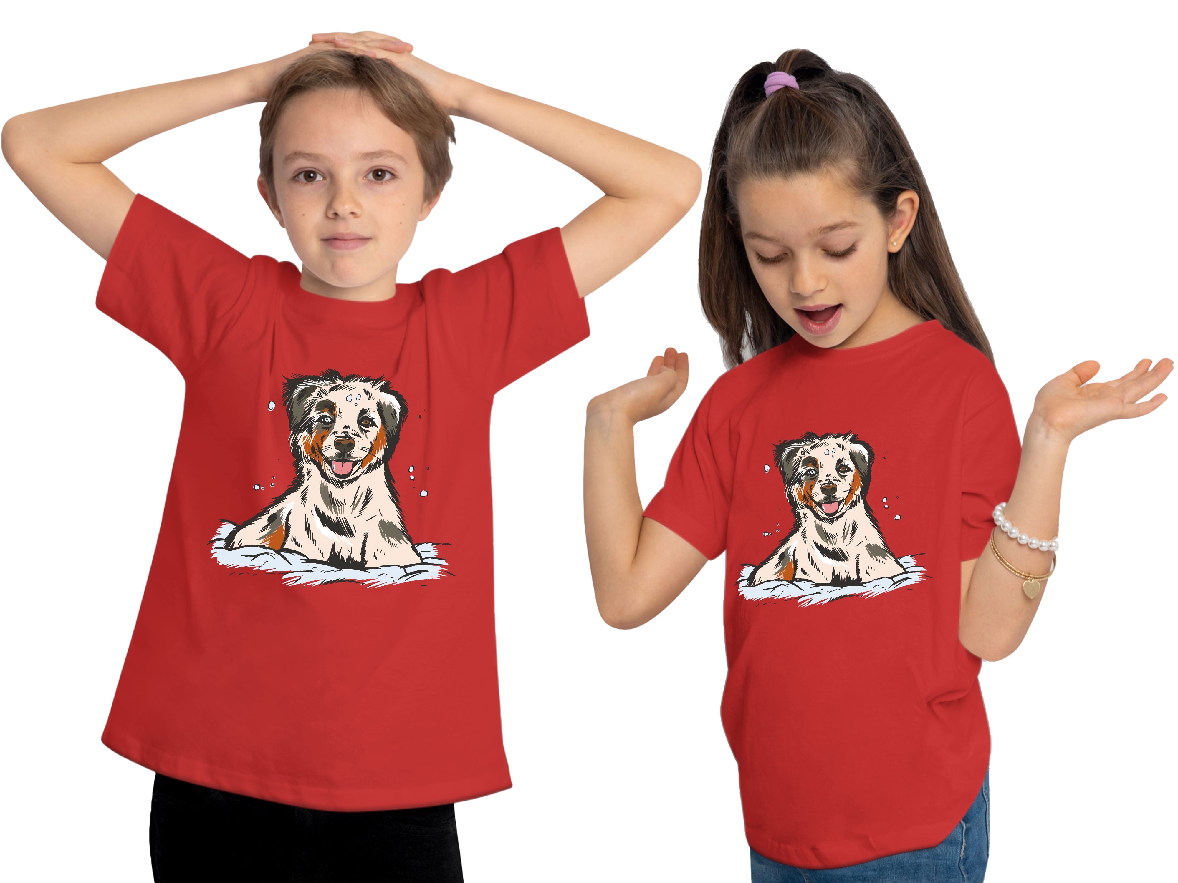 rot und Welpe bedrucktes Australian Baumwollshirt Aufdruck, Kinder Shepherd Print-Shirt MyDesign24 T-Shirt Jugend mit Hunde i216