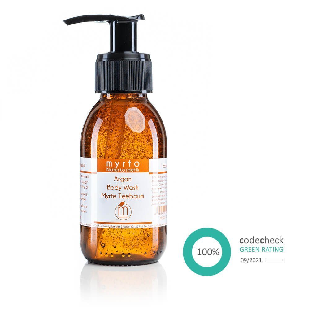 myrto Naturkosmetik Duschgel Argan Body Wash Myrte-Teebaum - 500ml Grosspackung, ohne Alkohol, naturreine ätherische Öle, vegan