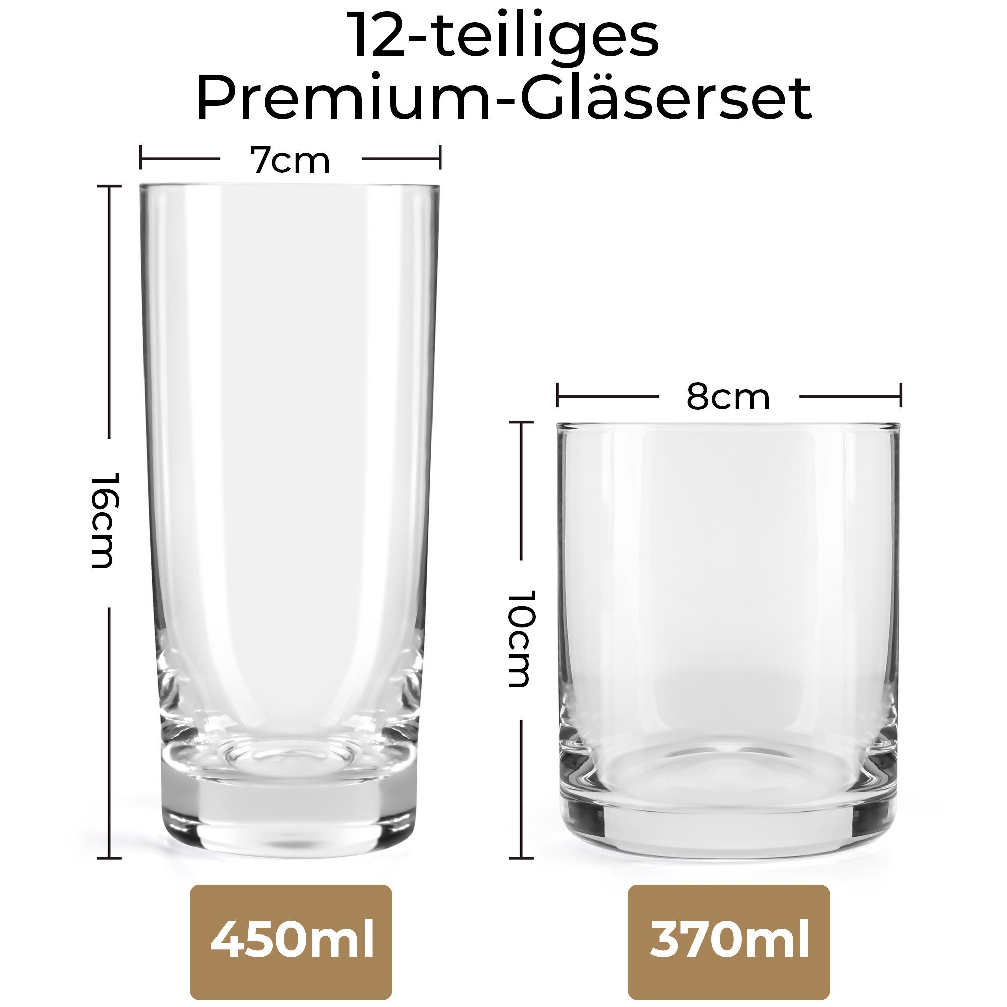 MiaMio Gläser-Set klein & groß, rund, 370/450 ml, 12-tlg., Glas, klein & groß, rund, 370/450 ml