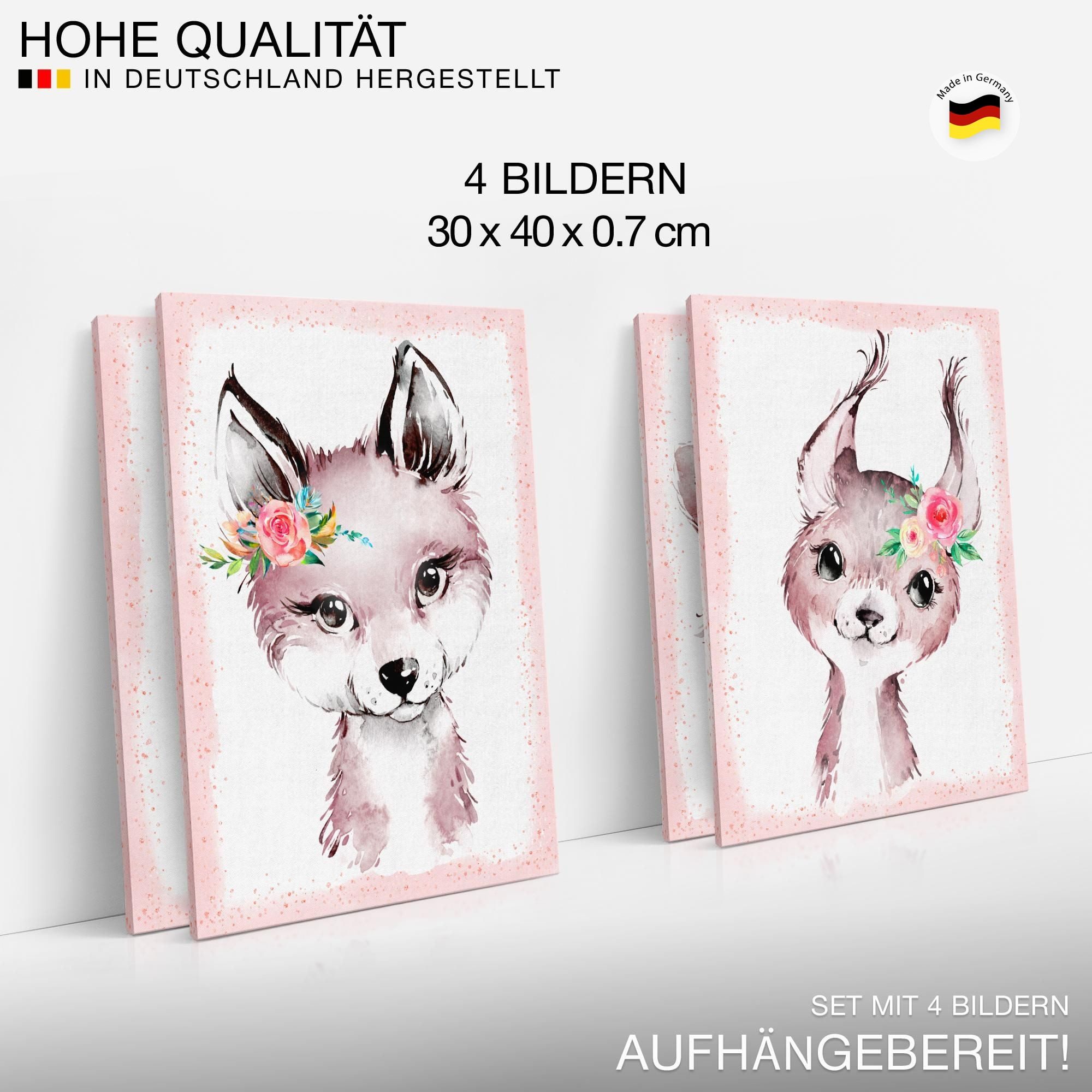 Novart Wandbild Bilder Waldtiere AUFHÄNGFERTIG Kinderzimmer Mädchen N017147b, 30 x 40 cm - 4 Bilder