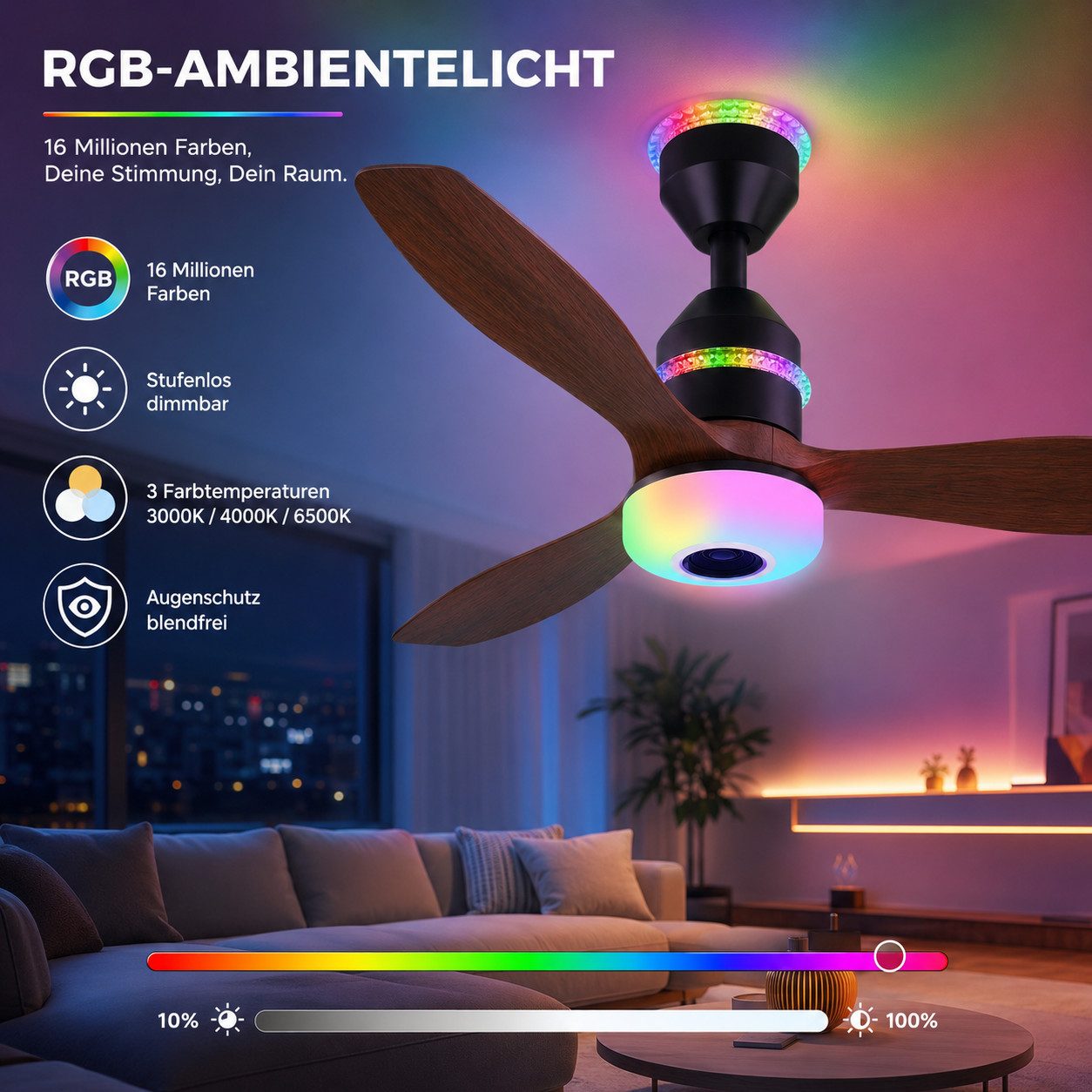 Lapamax Deckenventilator mit Beleuchtung, RGB Ventilator mit Bluetooth-Lautsprecher, 61CM, Leise Umgebungslicht, 3 Geschwindigkeitsstufen, 3-Farbtemperatur