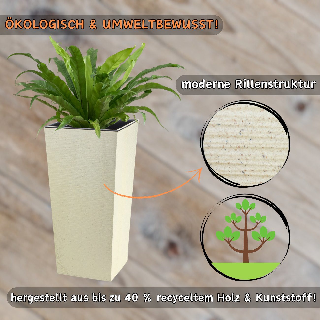 Engelland Pflanzkübel Blumentopf aus recyceltem Kunststoff & Holz (WPC), Rillenoptik (UV-beständig, wetterfest), Blumenkübel für Garten, Balkon, Terrasse, Innen – Bild 4 von 5