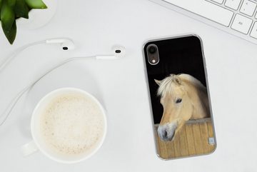 MuchoWow Handyhülle Fjordpferd in einem Holzstall, Handyhülle Apple iPhone XR, Smartphone-Bumper, Print, Handy