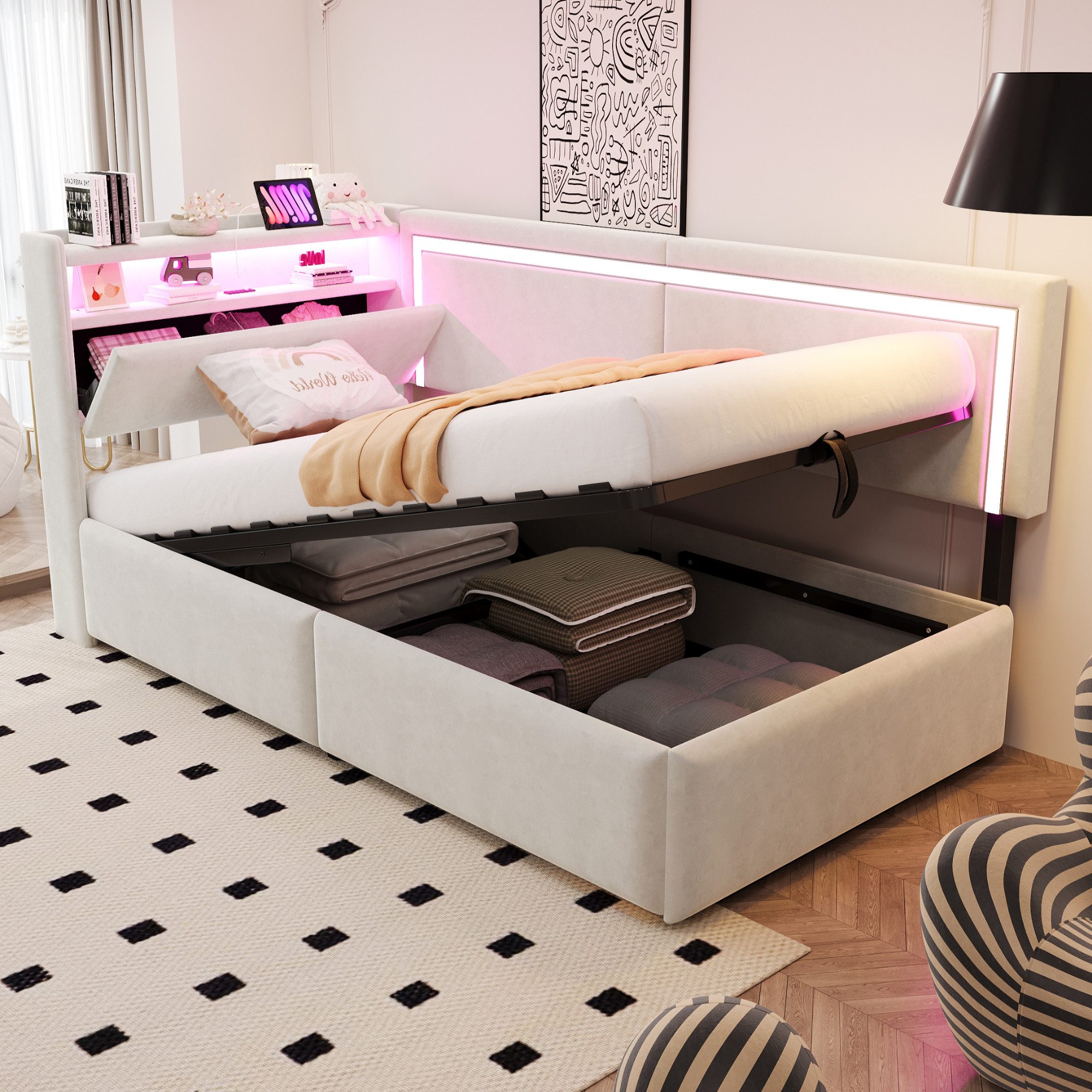 Flieks Daybett, Polsterbett 90x200cm mit hydraulischem Stauraum LED-Leiste günstig online kaufen