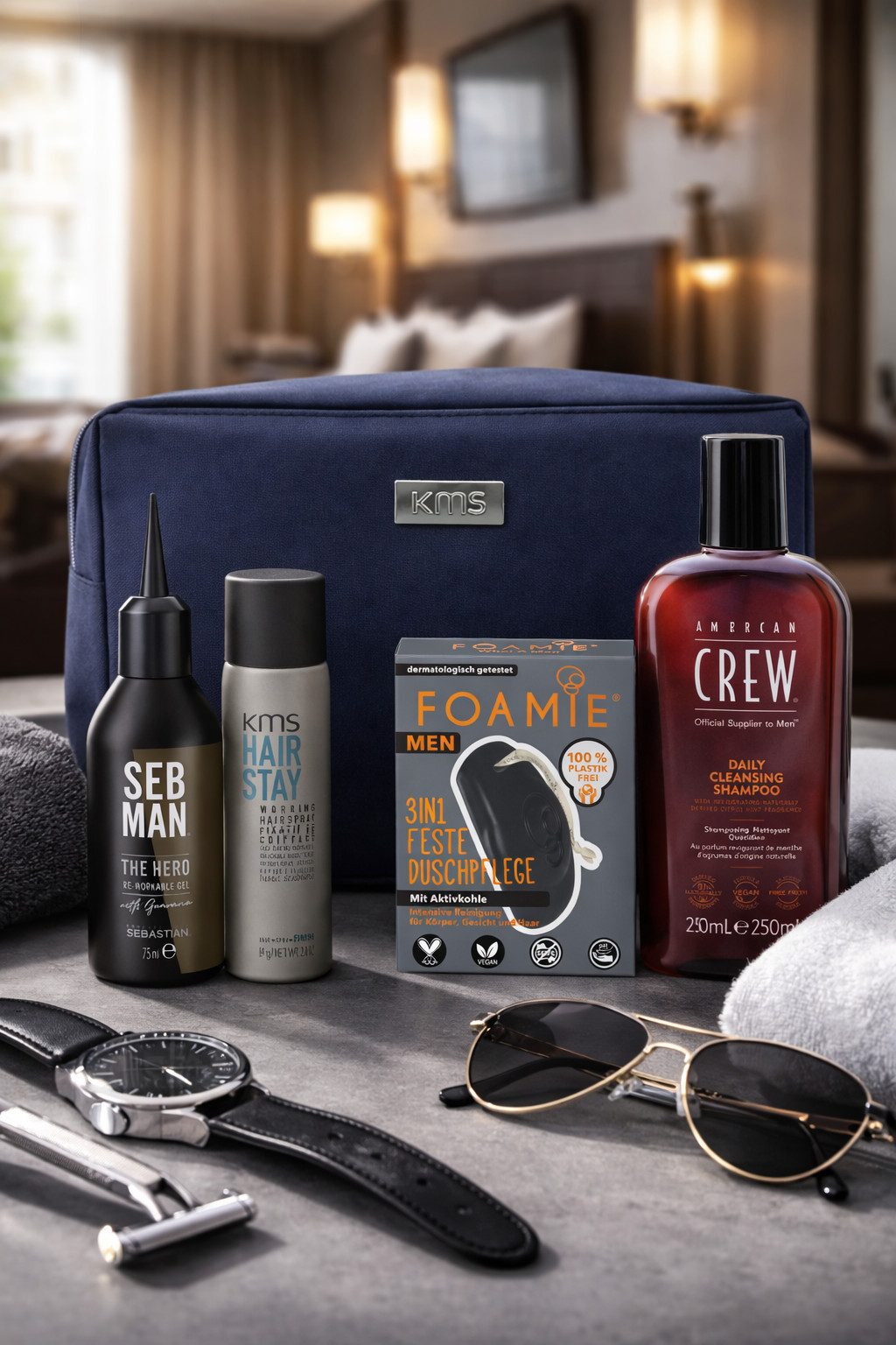 HairGecko Haarpflege-Set Premium Men’s Grooming Set – Styling & Pflege mit KMS Kulturtasche, 4-tlg., für Männer mit Anspruch an gepflegtes Styling
