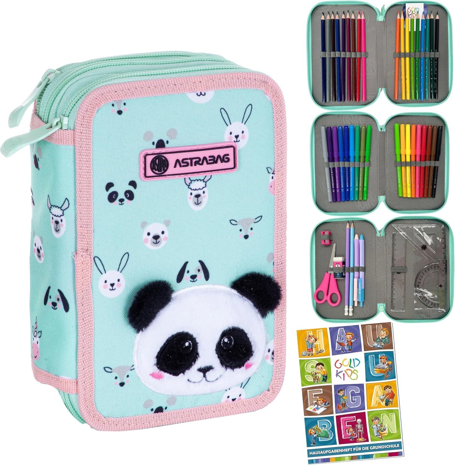 GOLDKIDS Federmäppchen 3 Fächer - Mäppchen für Mädchen und Jungen -, (Federmappe 3-Fach, 1-tlg., Federtasche Gefüllte Schüleretui 46-teilig), - Schulmäppchen und Hausaufgabenheft - Panda Motiv