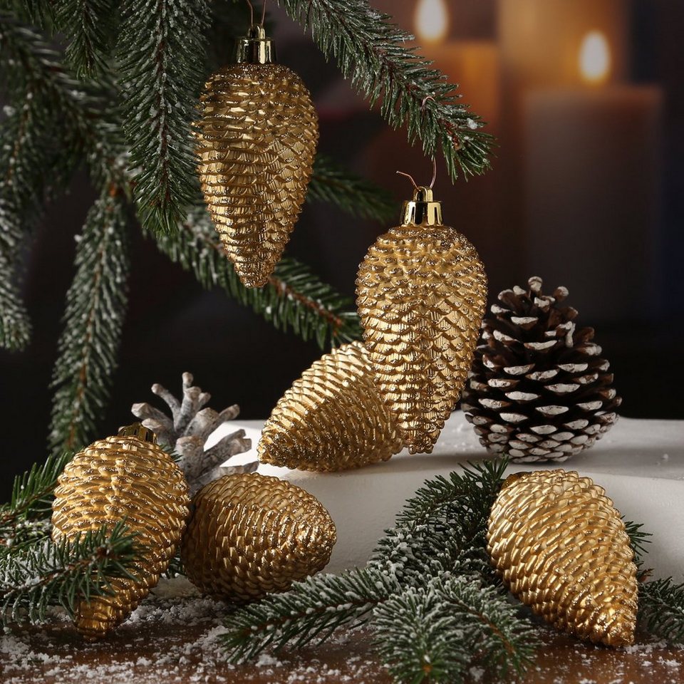 MARELIDA Christbaumschmuck Weihnachtsbaumschmuck Tannenzapfen bruchfest  glitzernd H: 8cm 6St gold