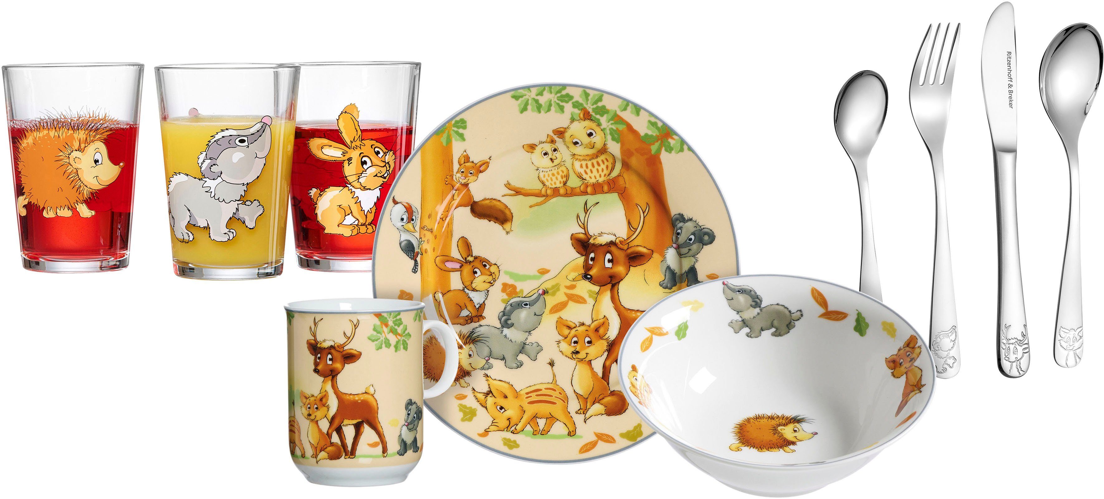 Ritzenhoff & Breker Kindergeschirr-Set Waldtiere (10-tlg), 1 Personen, Edelstahl, Glas, Porzellan, mit Besteck und Trinkgläsern