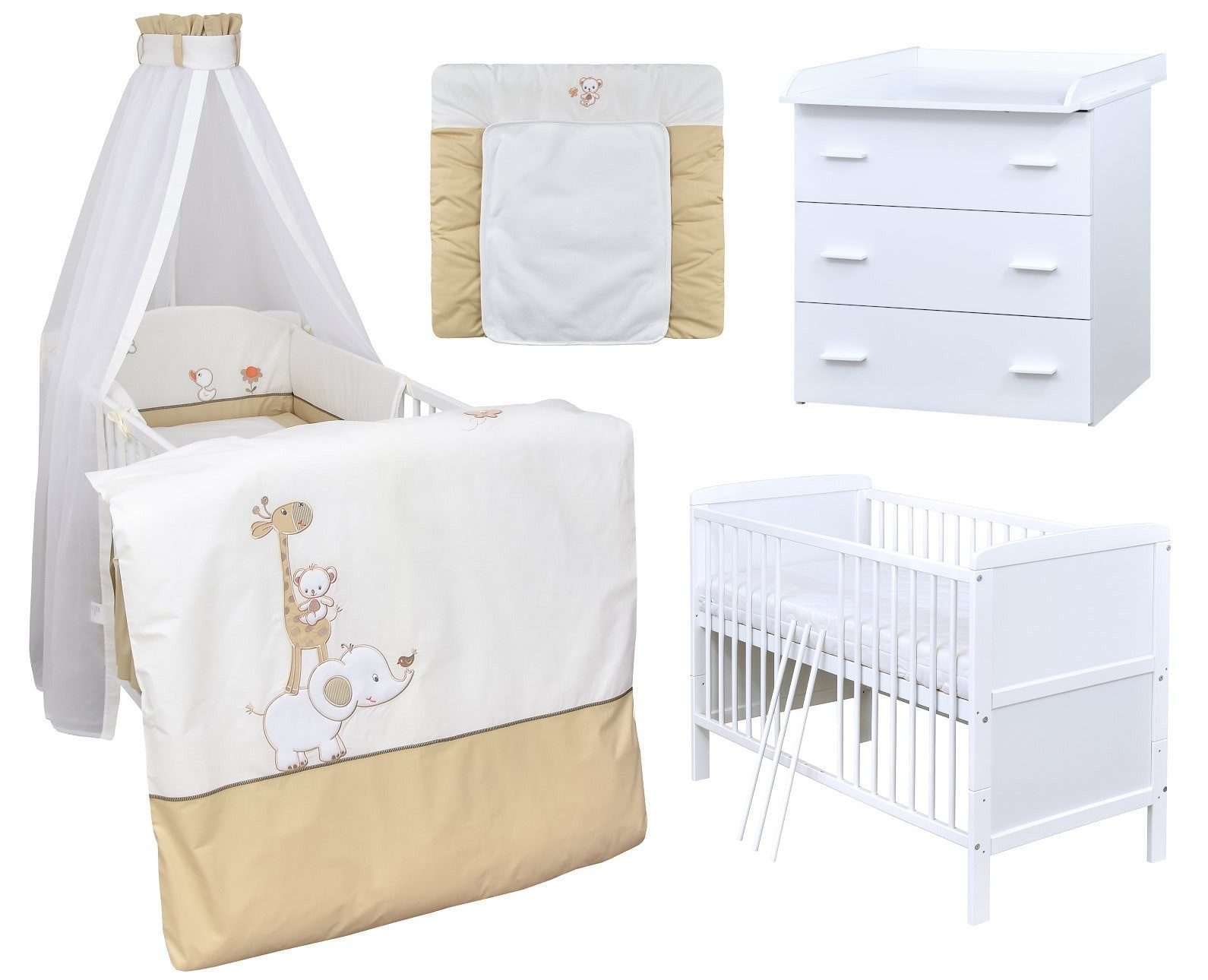 Baby-Delux Babyzimmer-Komplettset Babyzimmer 140x70 weiß Komplettset, (13-tlg), Babybett Wickelkommode Bettwäsche Set Komplettzimmer
