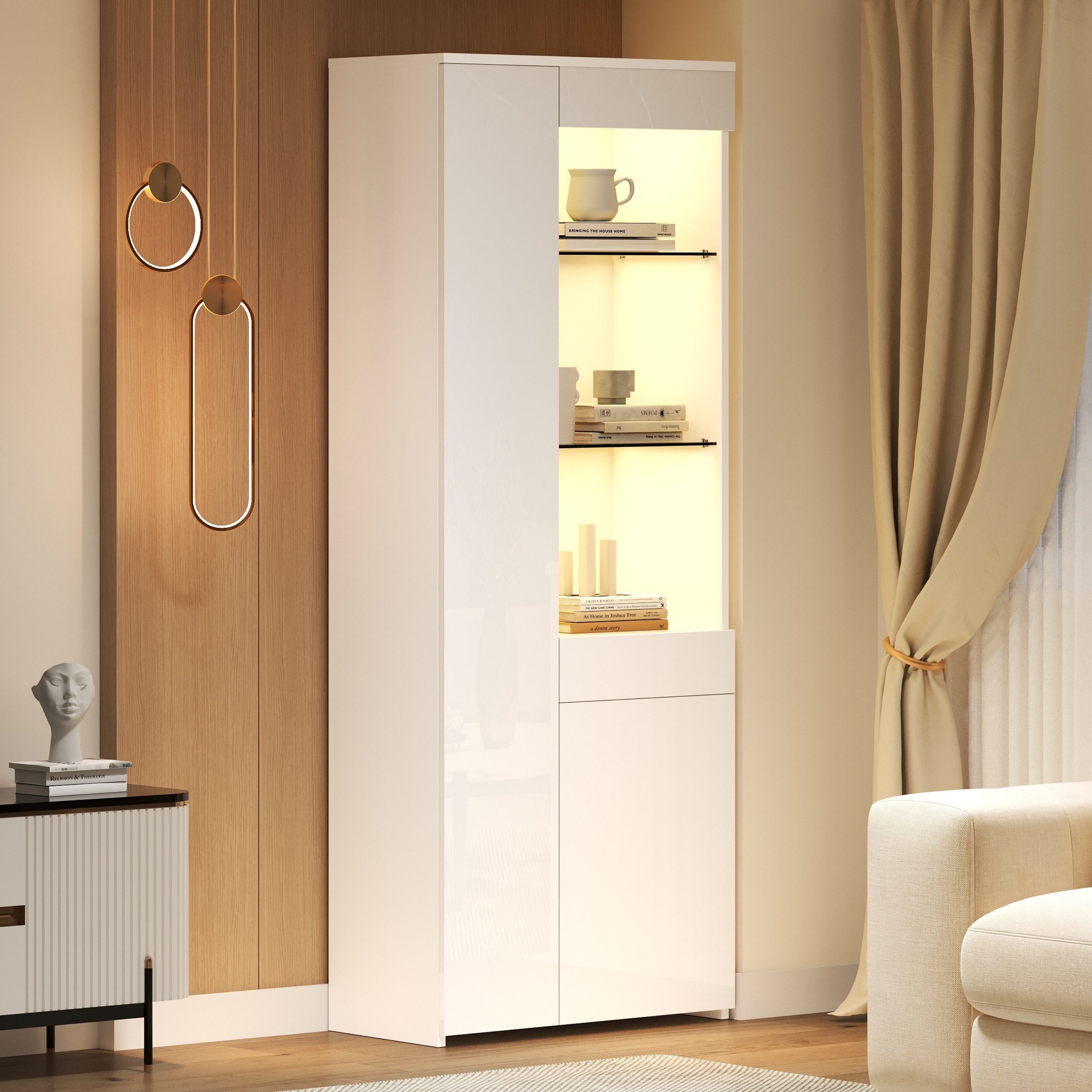 Merax Glasvitrine hochglanz Vitrine mit LED (70*35*180cm, 1-St., Hochschrank Standregal Schrank) Standvitrine Highboard mit Glasfächern, Schublade & Push-to-Open Türen