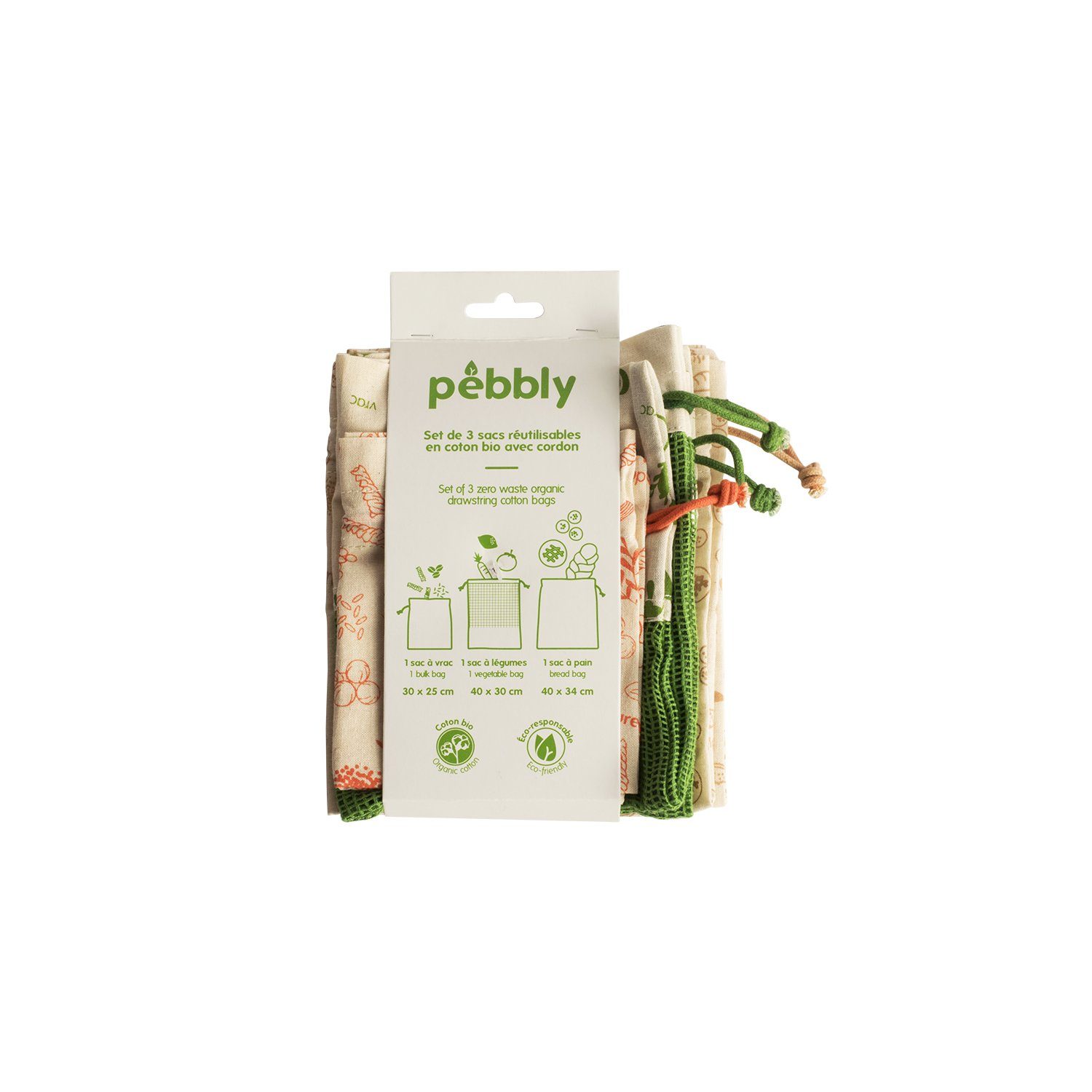 Pebbly Einkaufsbeutel Pebbly Bio-Baumwollbeutel mit 3er Kordel MIX Set