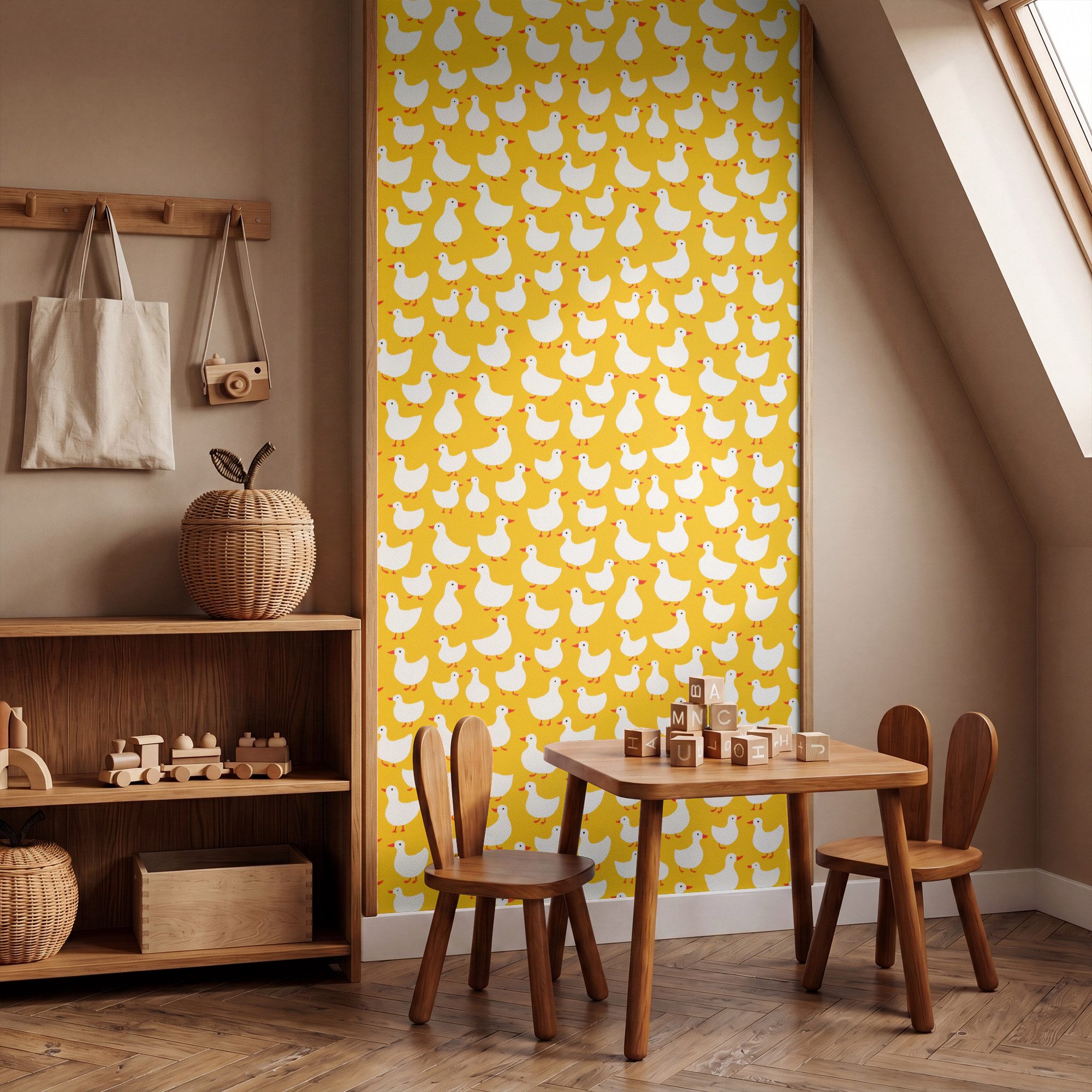 OnlyWow Fototapete Enten - Muster - Gelb, Matt, bedruckt, Wandtapete, Schlafzimmer, Wanddekoration 100x220cm