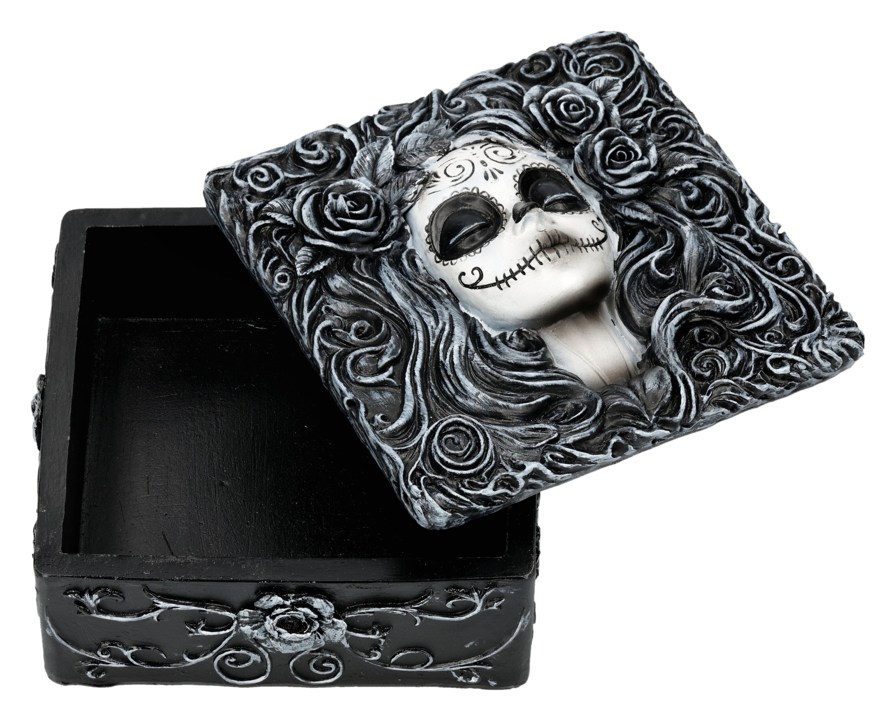 Figuren Shop GmbH Dekoobjekt Flor de Muerte Schädelbox – Gothic Schmuckdose Rosen Figur 11 cm Deko