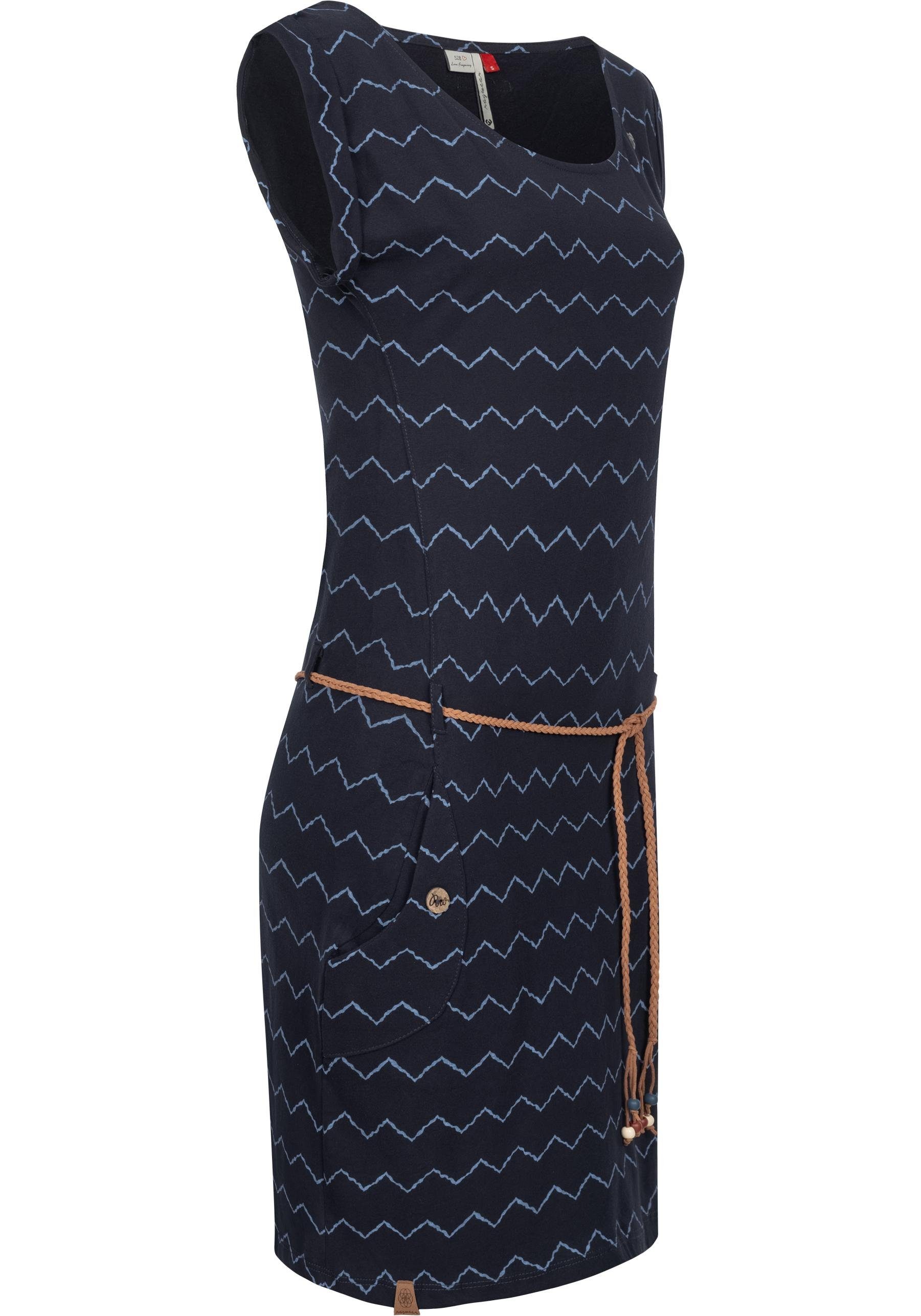 Ragwear Tag navy Bindegürtel Zag Zig Shirtkleid Jerseykleid II coolem mit stylisches Print und