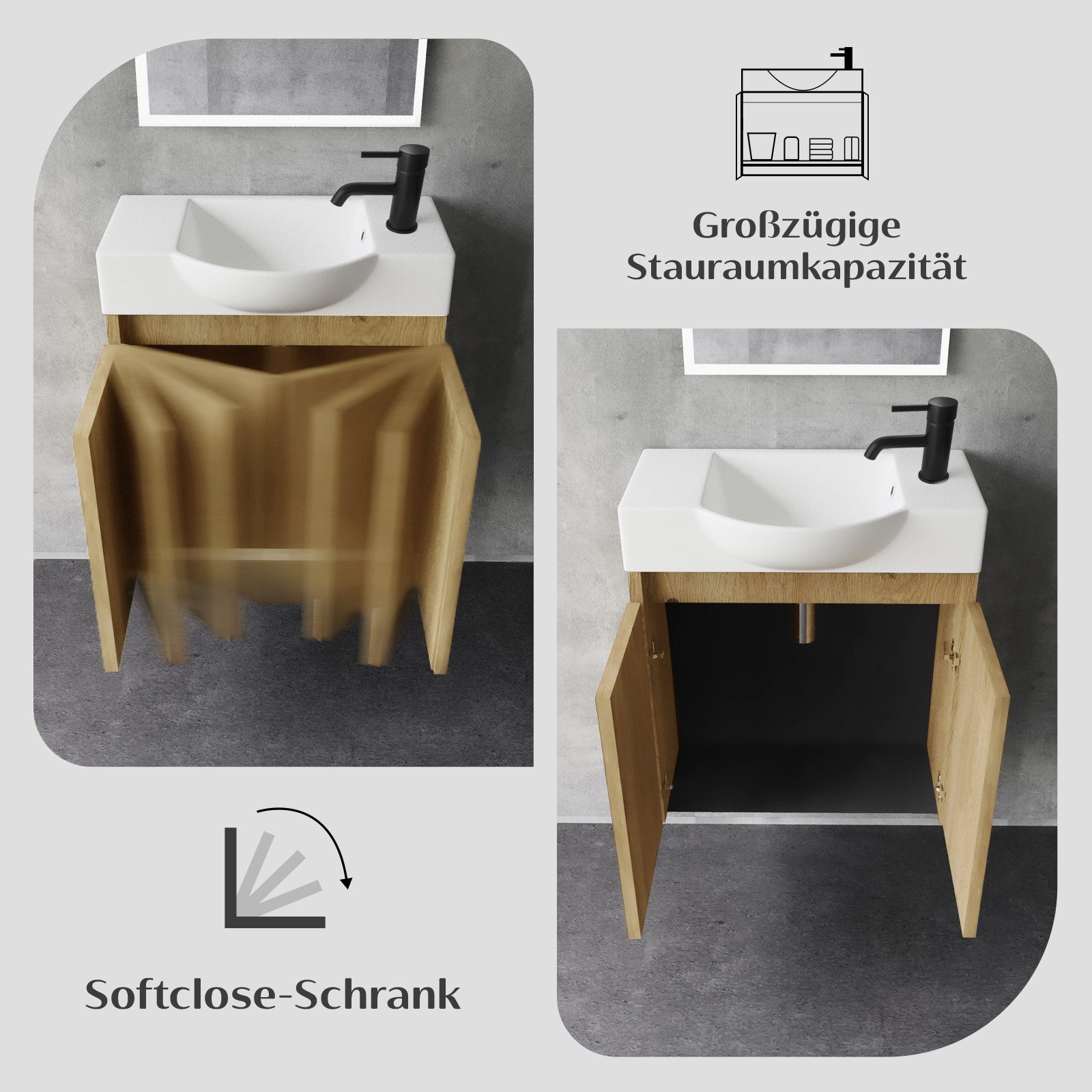 Alpenberger Badmöbel-Set Waschbecken mit Unterschrank und Spiegel Gäste WC Waschtisch Set 55 cm, (Waschtisch mit Unterschrank Hängend, Gäste WC Möbel mit Spiege – Bild 4 von 5